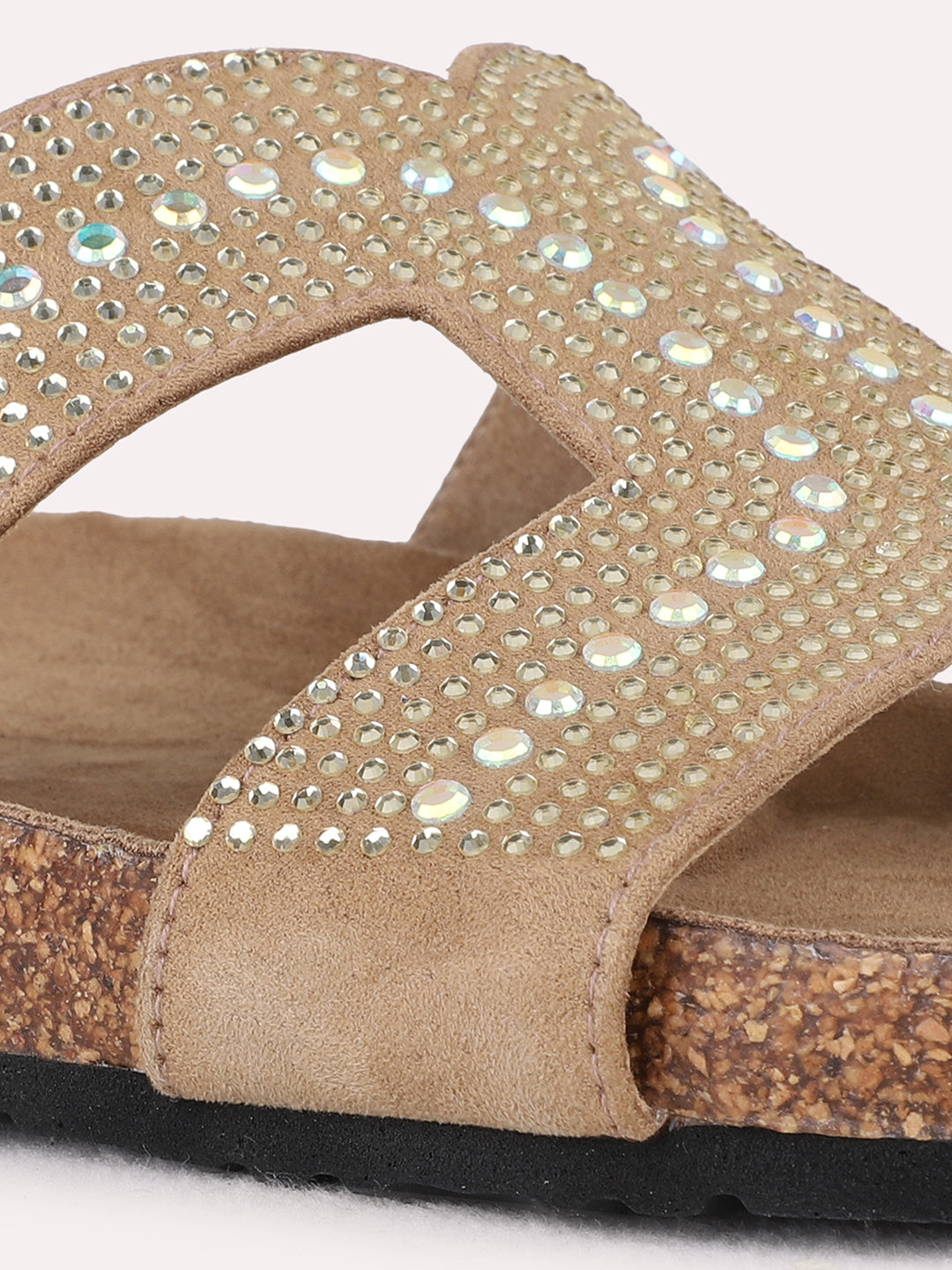 Womens Beige Ethnic Embellished Open Toe Slip-On Sandals