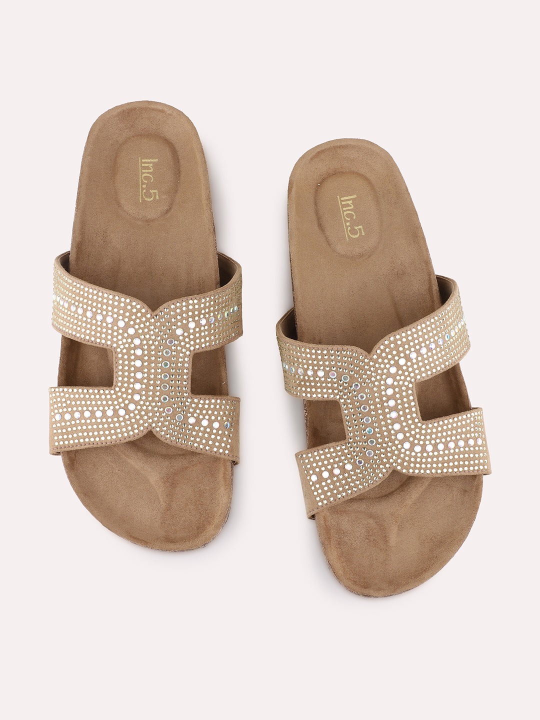 Womens Beige Ethnic Embellished Open Toe Slip-On Sandals