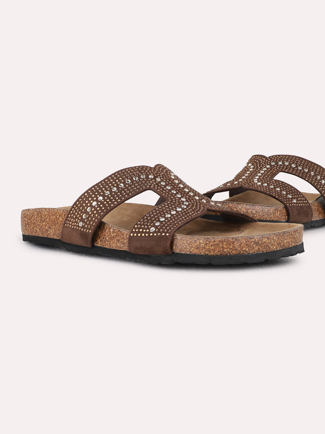 Womens Brown Ethnic Embellished Open Toe Flat Slip-On Sandals