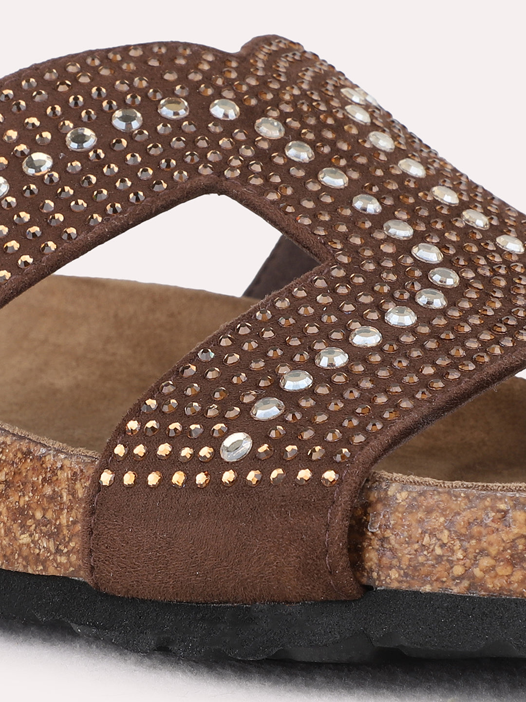 Womens Brown Ethnic Embellished Open Toe Flat Slip-On Sandals