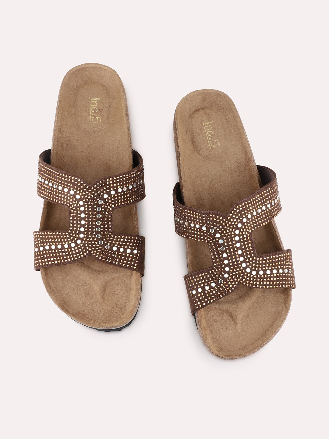 Womens Brown Ethnic Embellished Open Toe Flat Slip-On Sandals