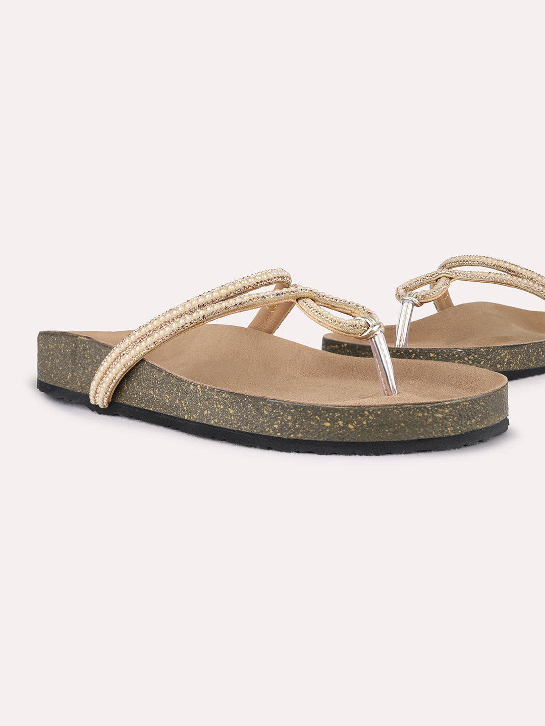 Womens Golden Casual Solid T-Strap Flat Slip On Sandals