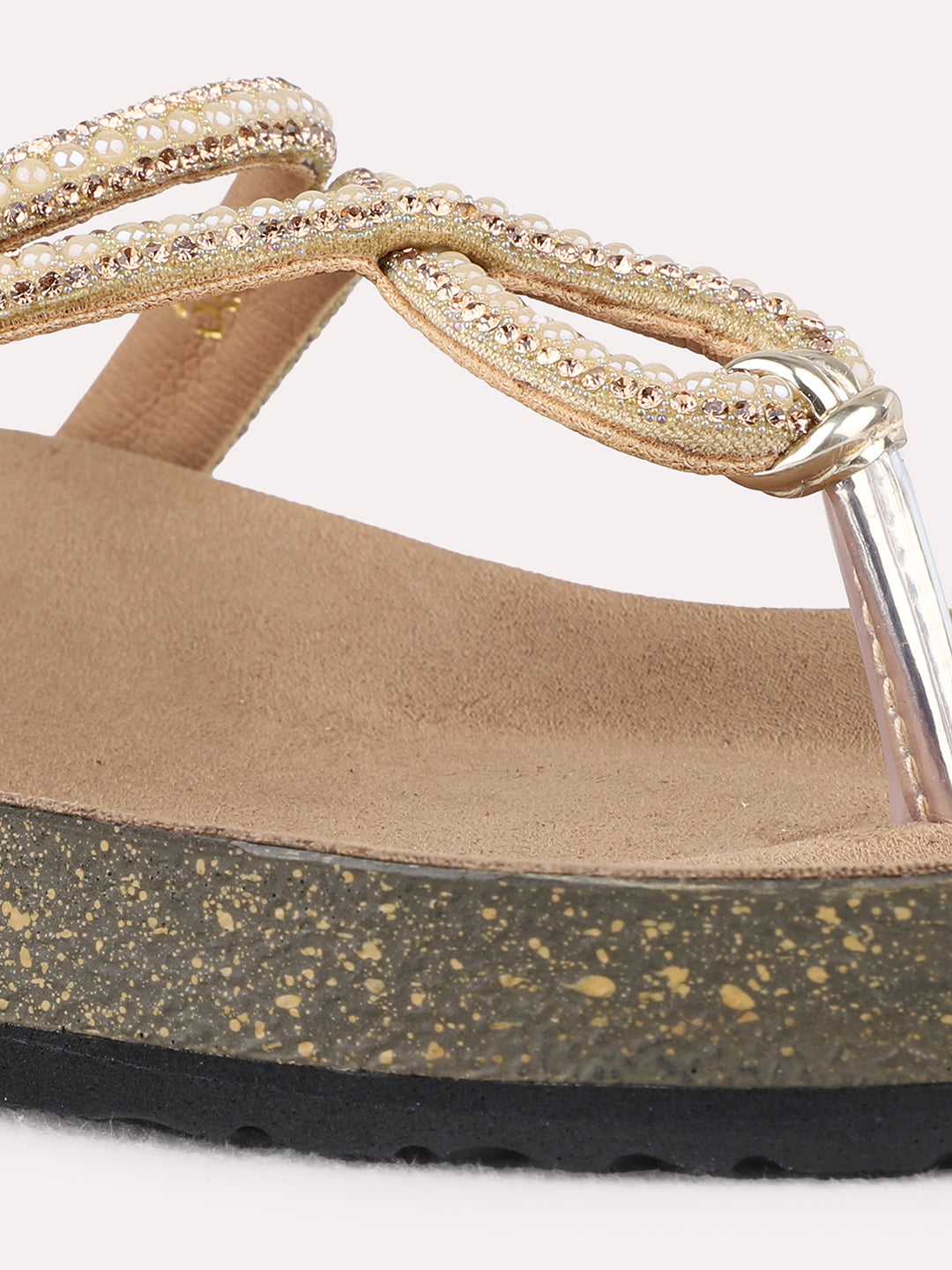 Womens Golden Ethnic Pattern Embellished T-Strap Flats