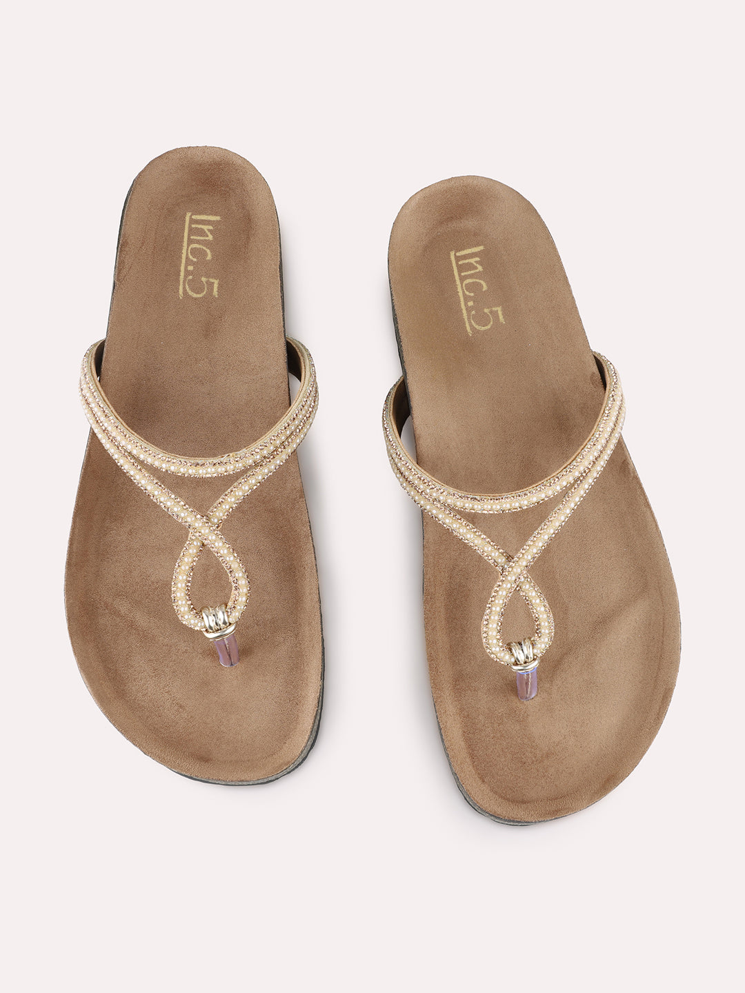 Womens Golden Ethnic Pattern Embellished T-Strap Flats