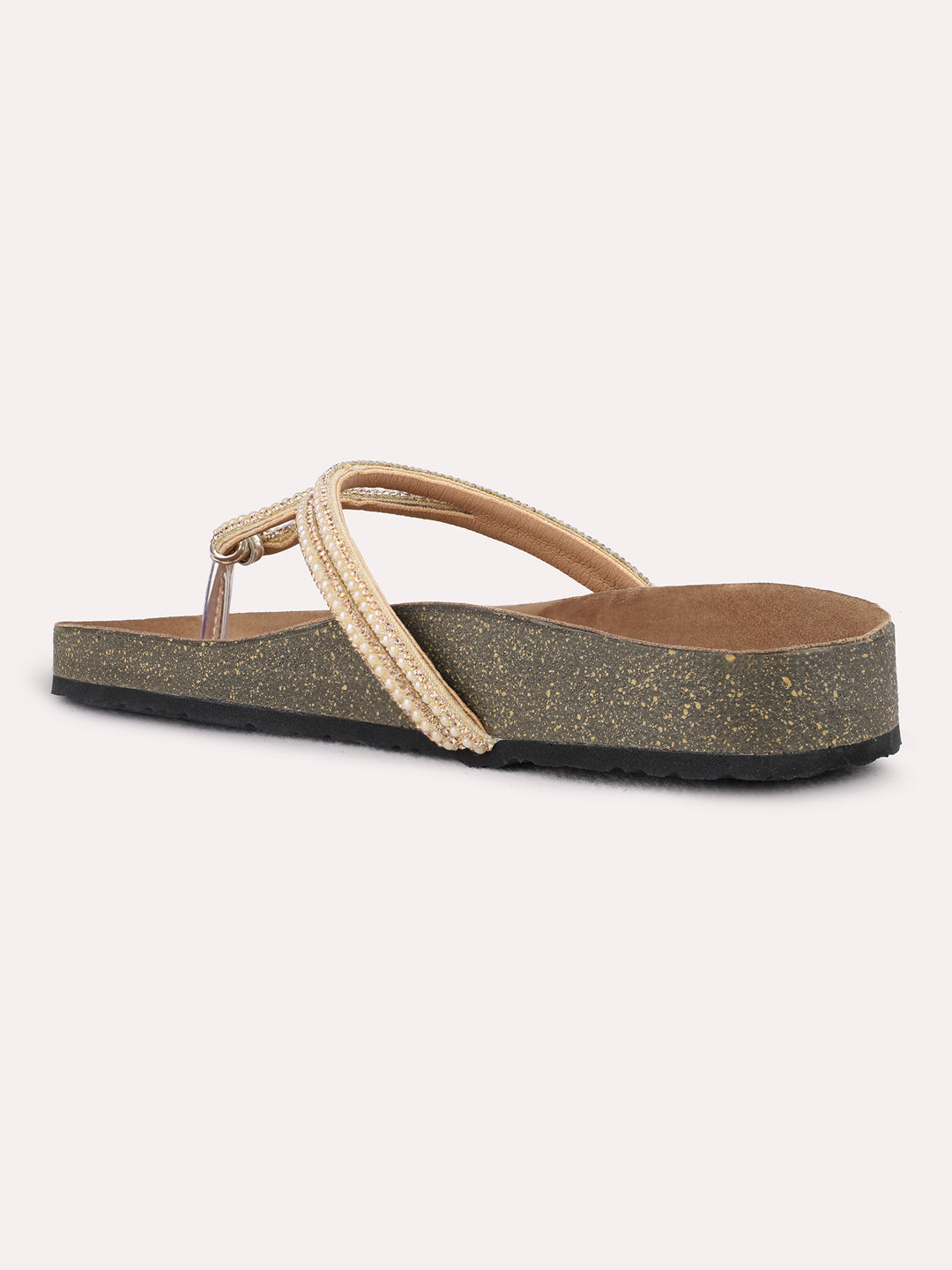 Womens Golden Ethnic Pattern Embellished T-Strap Flats