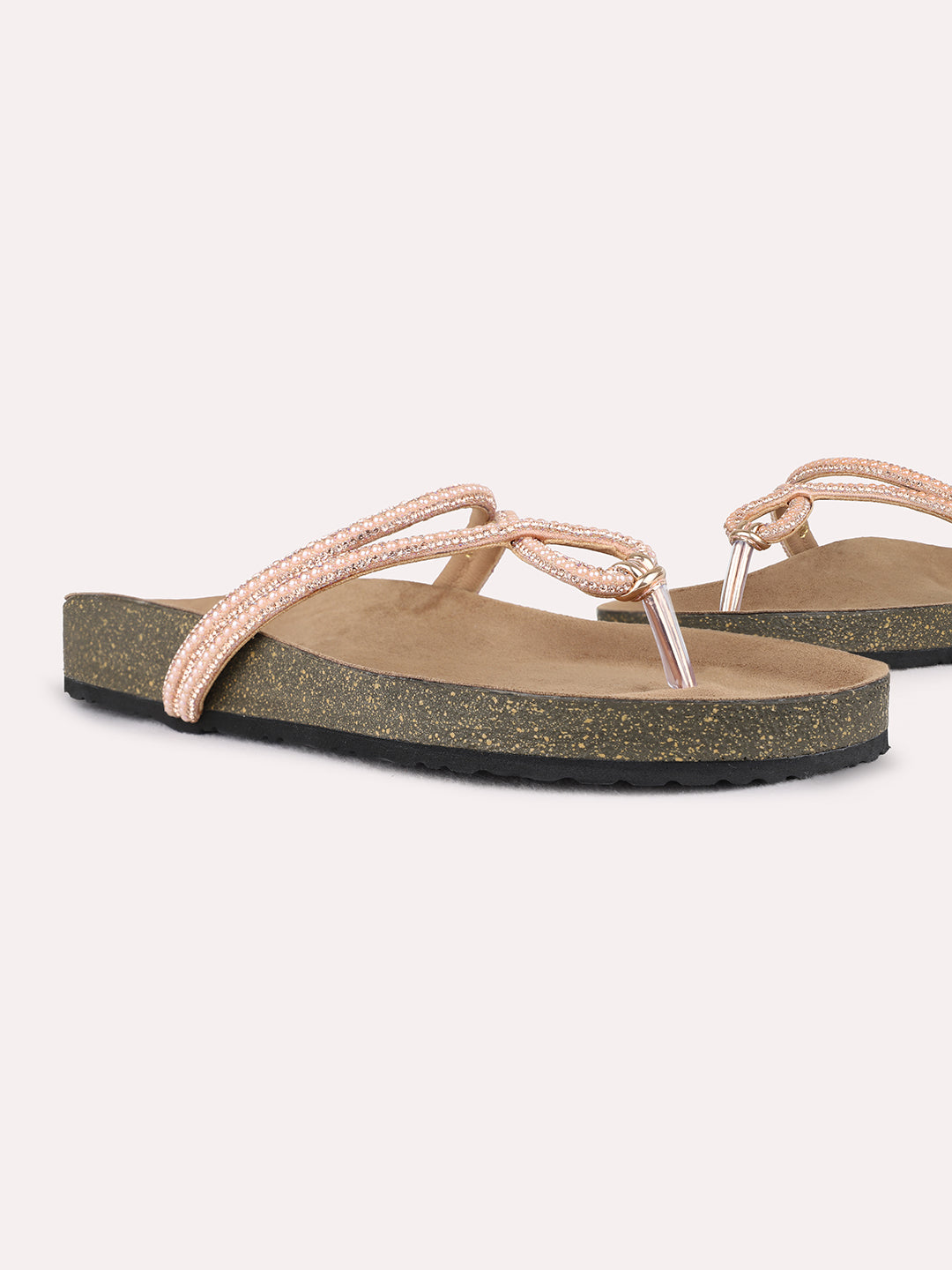 Womens Peach Casual Solid T-Strap Flat Slip On Sandals