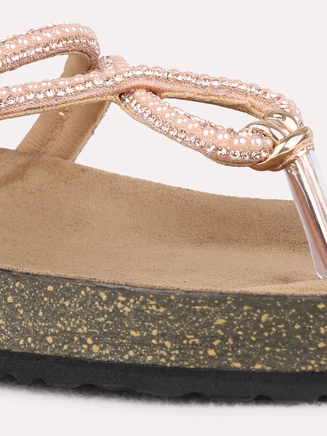 Womens Peach Casual Solid T-Strap Flat Slip On Sandals