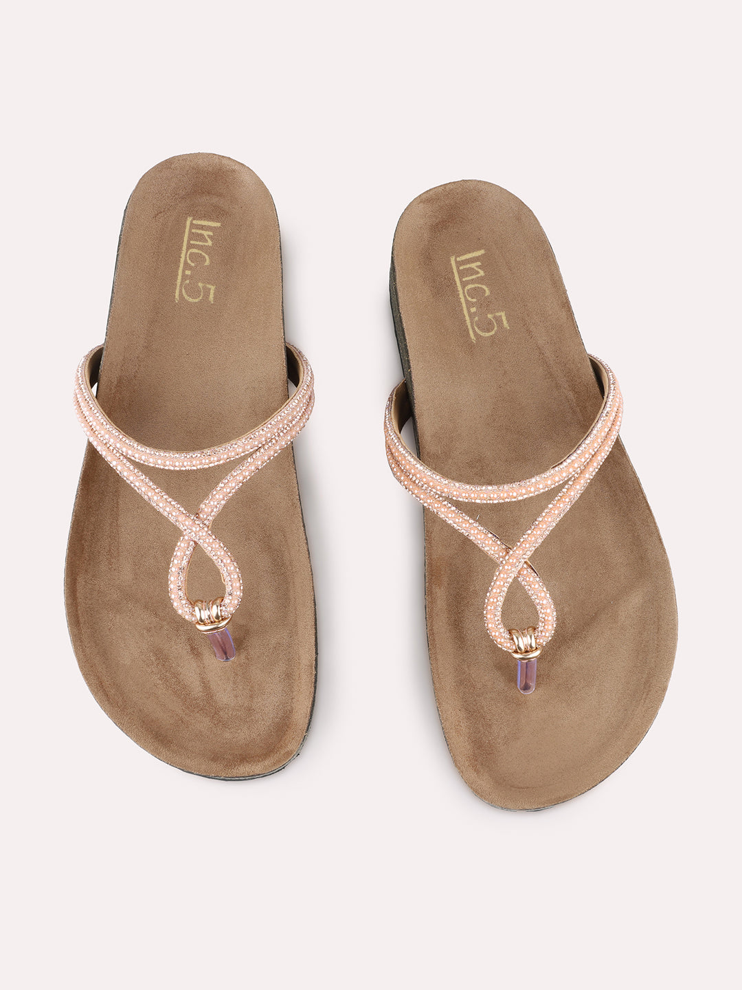 Womens Peach Casual Solid T-Strap Flat Slip On Sandals