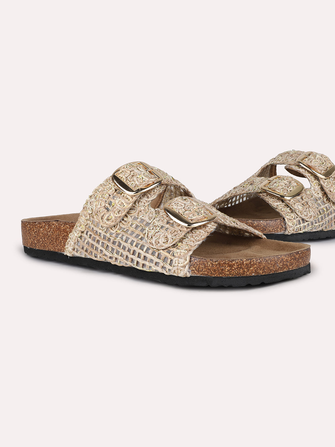 Womens Golden Casual Printed Open Toe Flat Slip-On Sandals