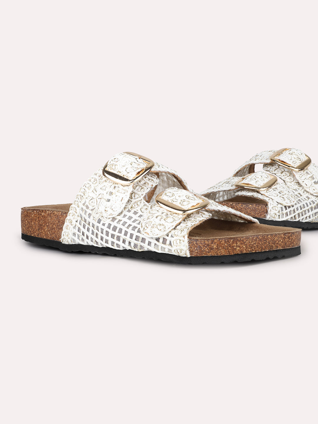 Women White Casual Printed Round Toe Open Toe Slip-On Flats