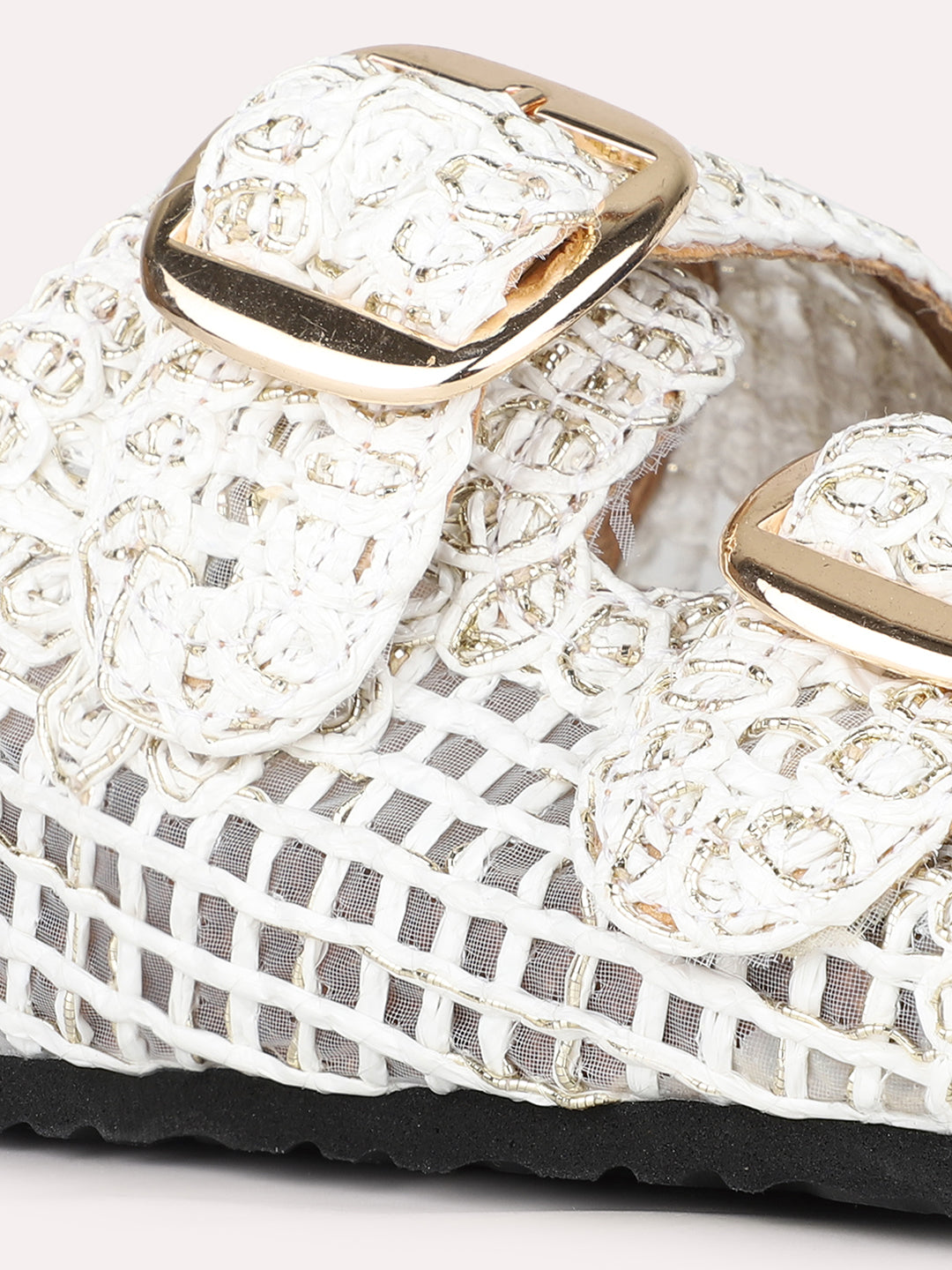 Women White Casual Printed Round Toe Open Toe Slip-On Flats