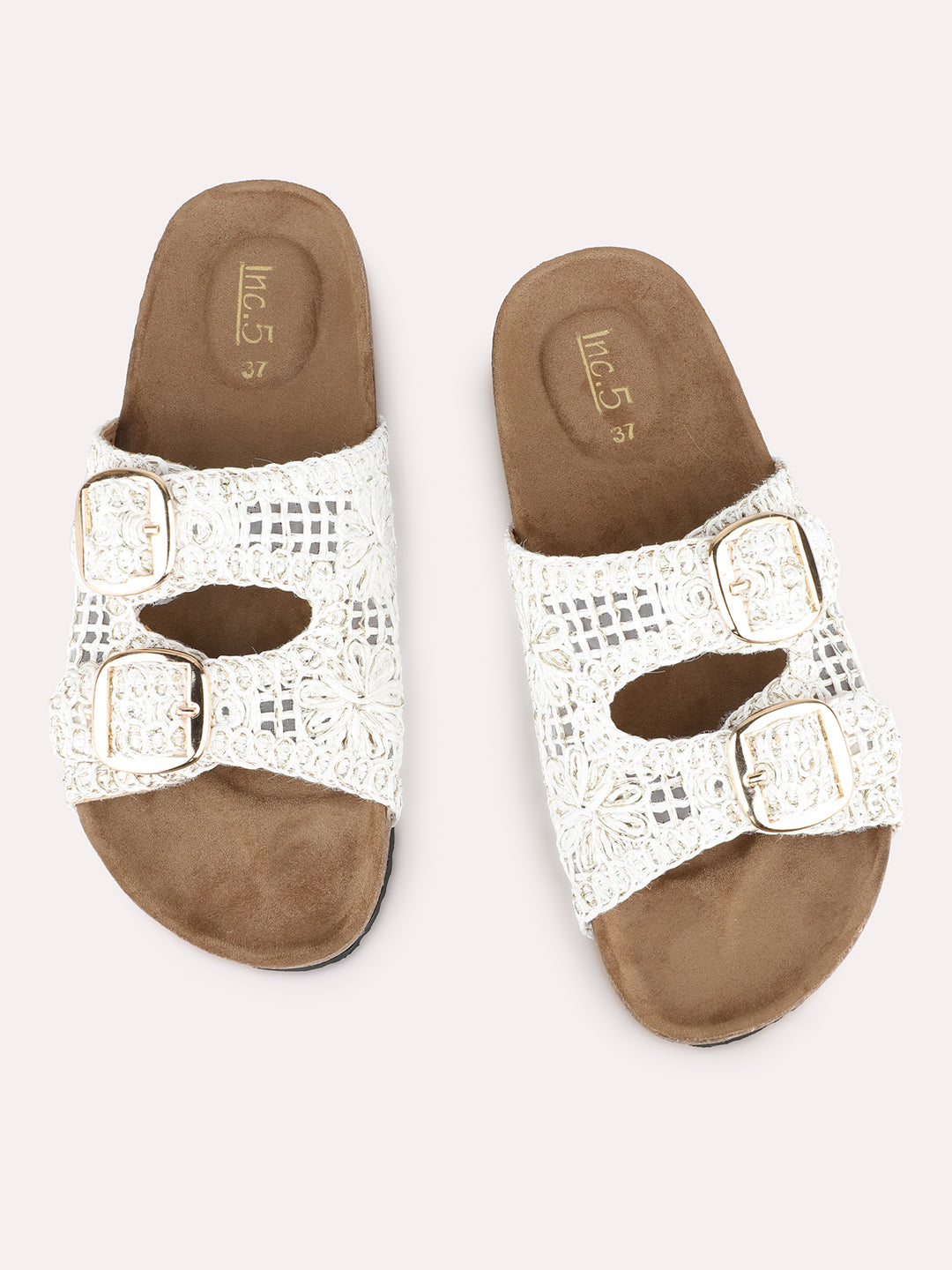 Women White Casual Printed Round Toe Open Toe Slip-On Flats