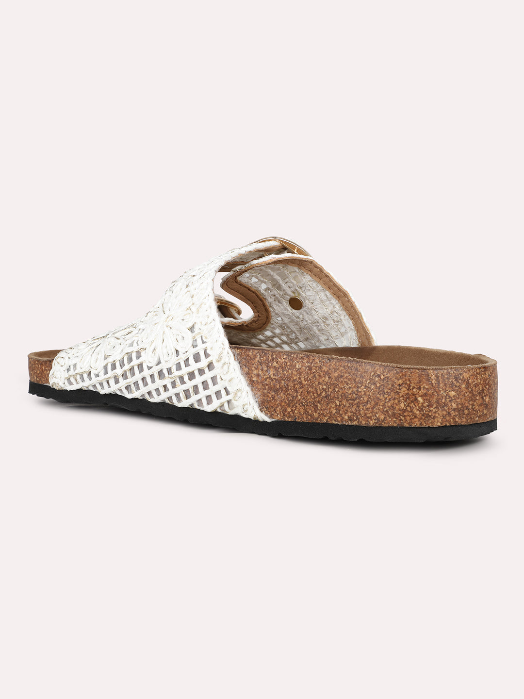 Women White Casual Printed Round Toe Open Toe Slip-On Flats