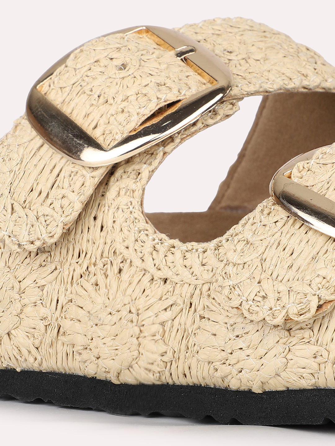 Women Beige Casual Printed Round Toe Open Toe Slip-On Flats