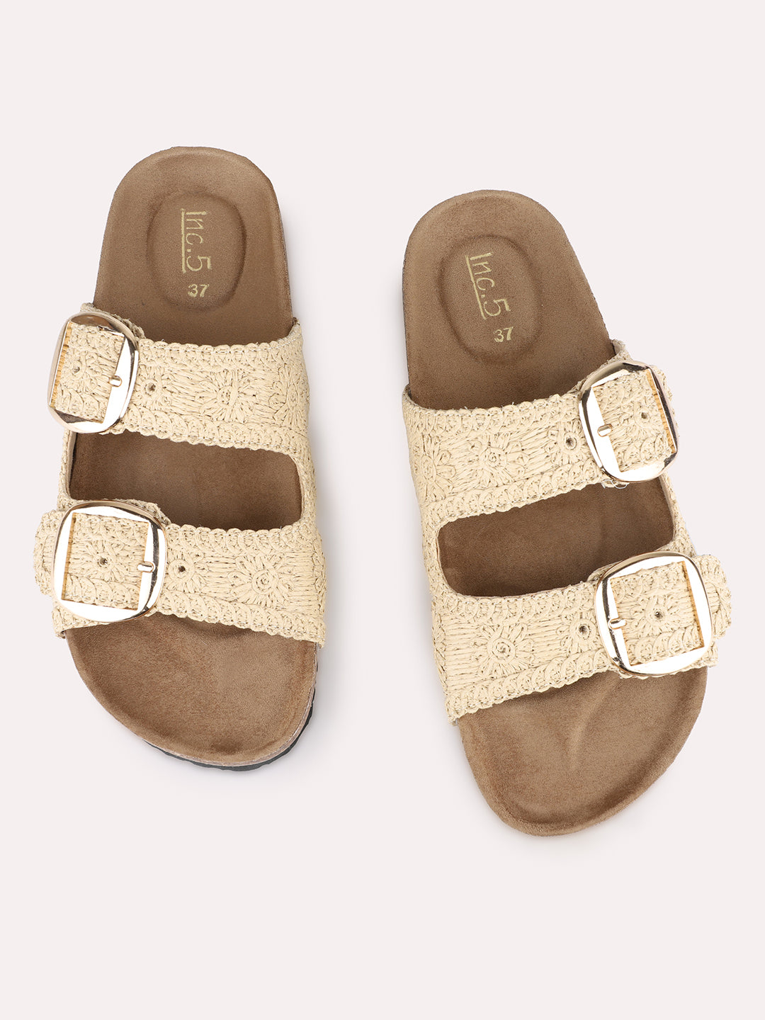 Women Beige Casual Printed Round Toe Open Toe Slip-On Flats