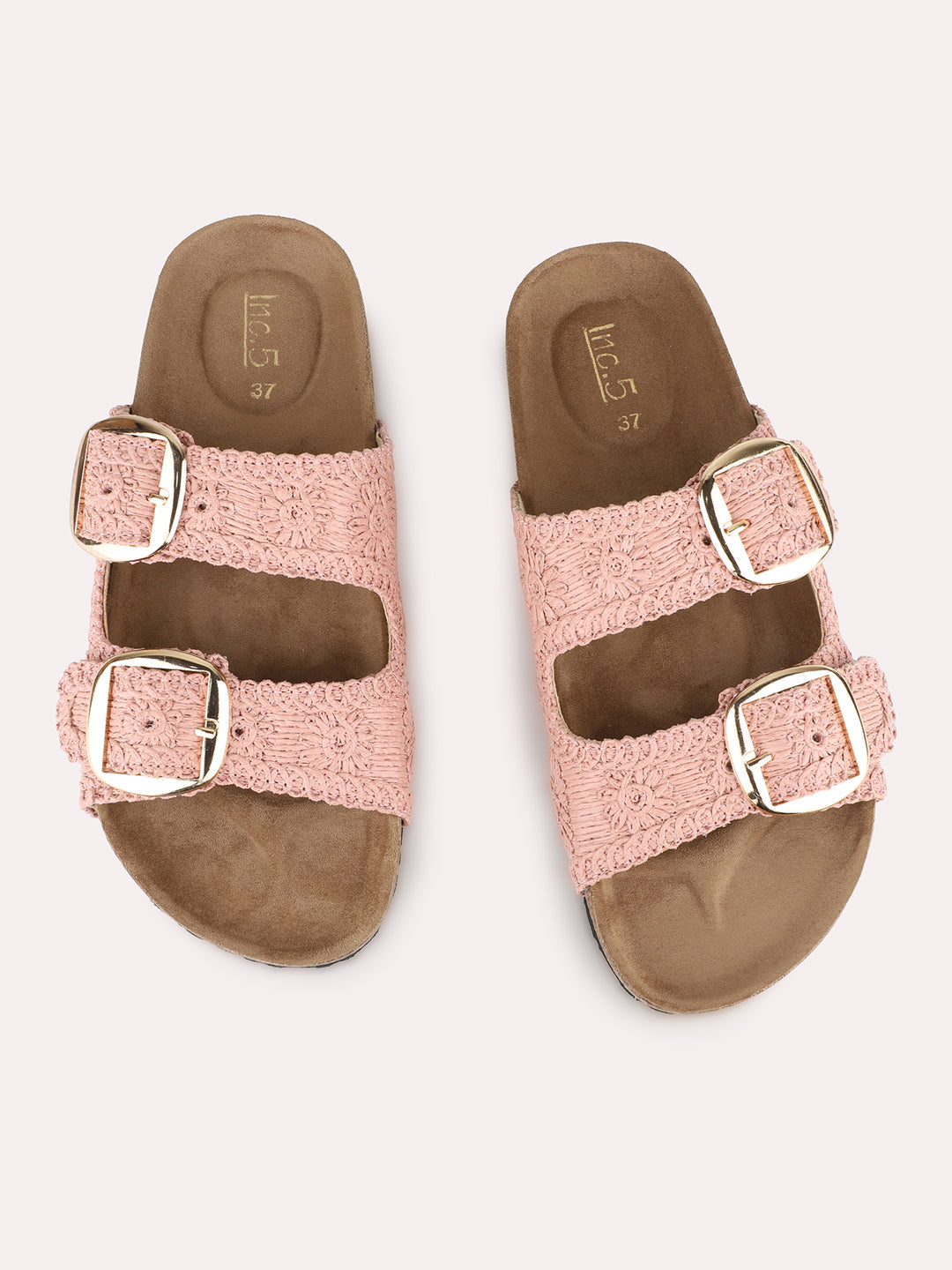 Women Pink Casual Printed Round Toe Open Toe Slip-Ons