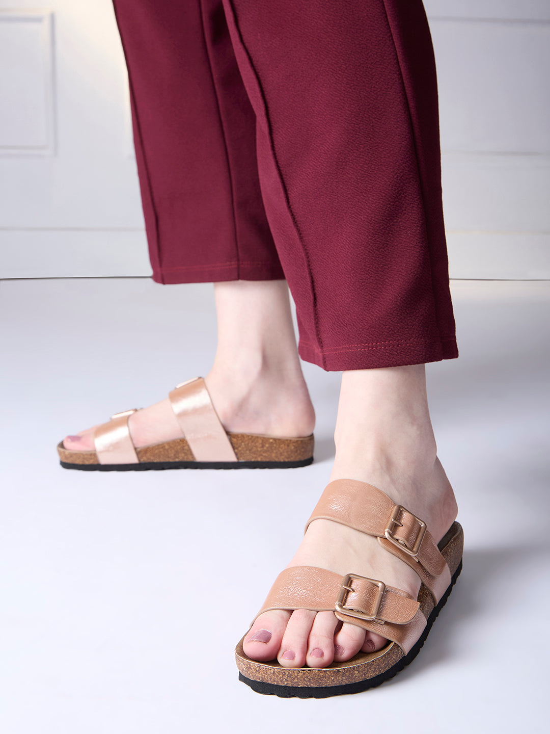 Womens Rose Gold Casual Solid Open Toe Flat Sandals