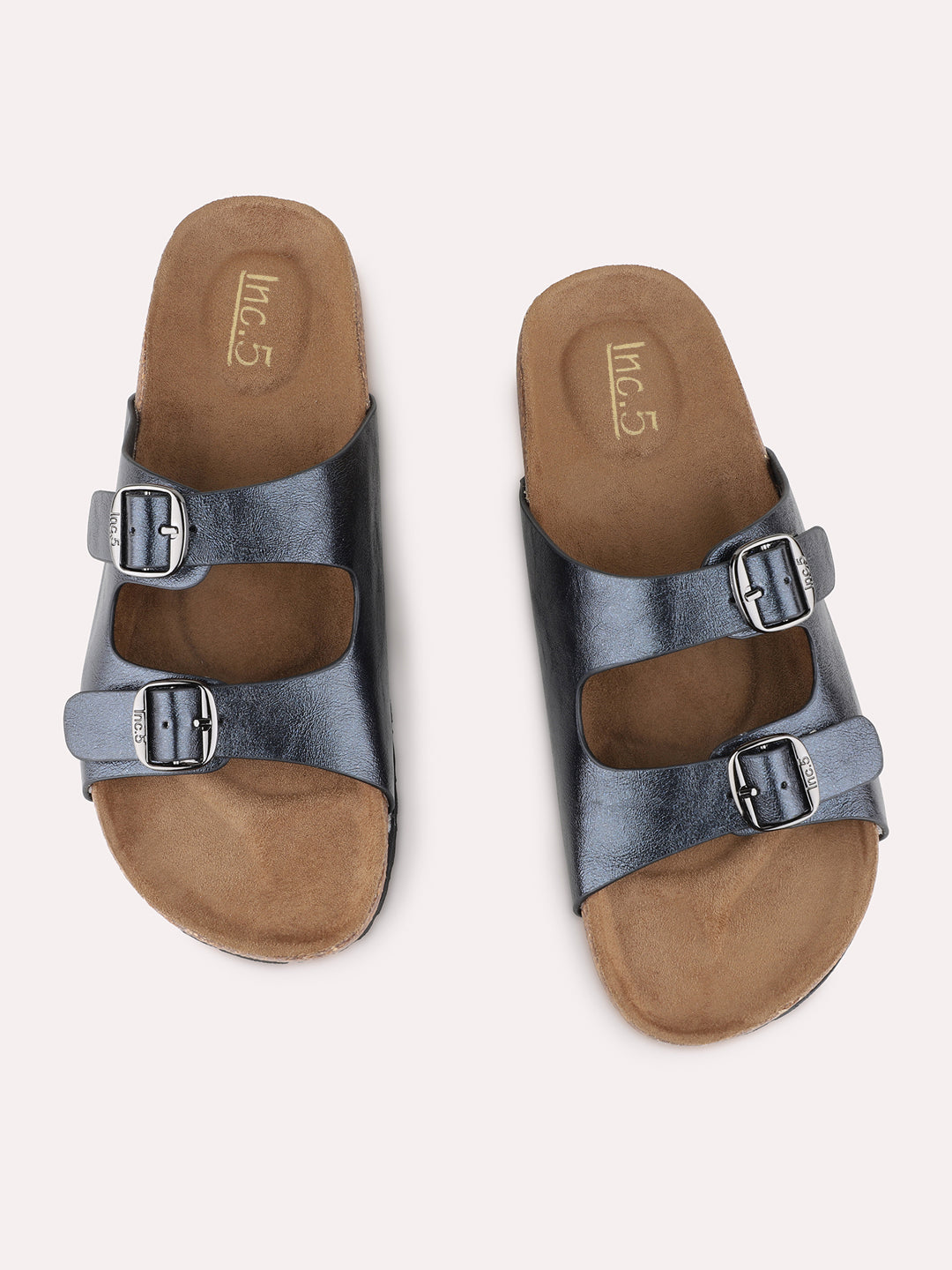 Womens Blue Casual Solid Open Toe Flat Slip-On Sandals