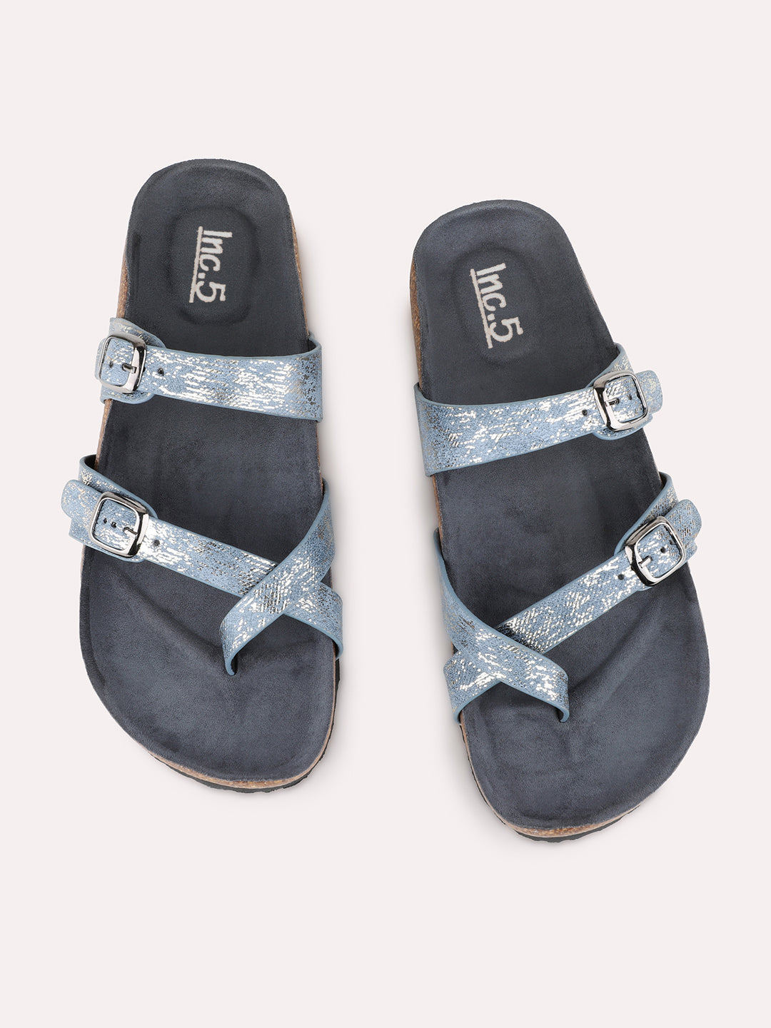 Womens Blue Casual Solid One Toe Flat Slip-On Sandals
