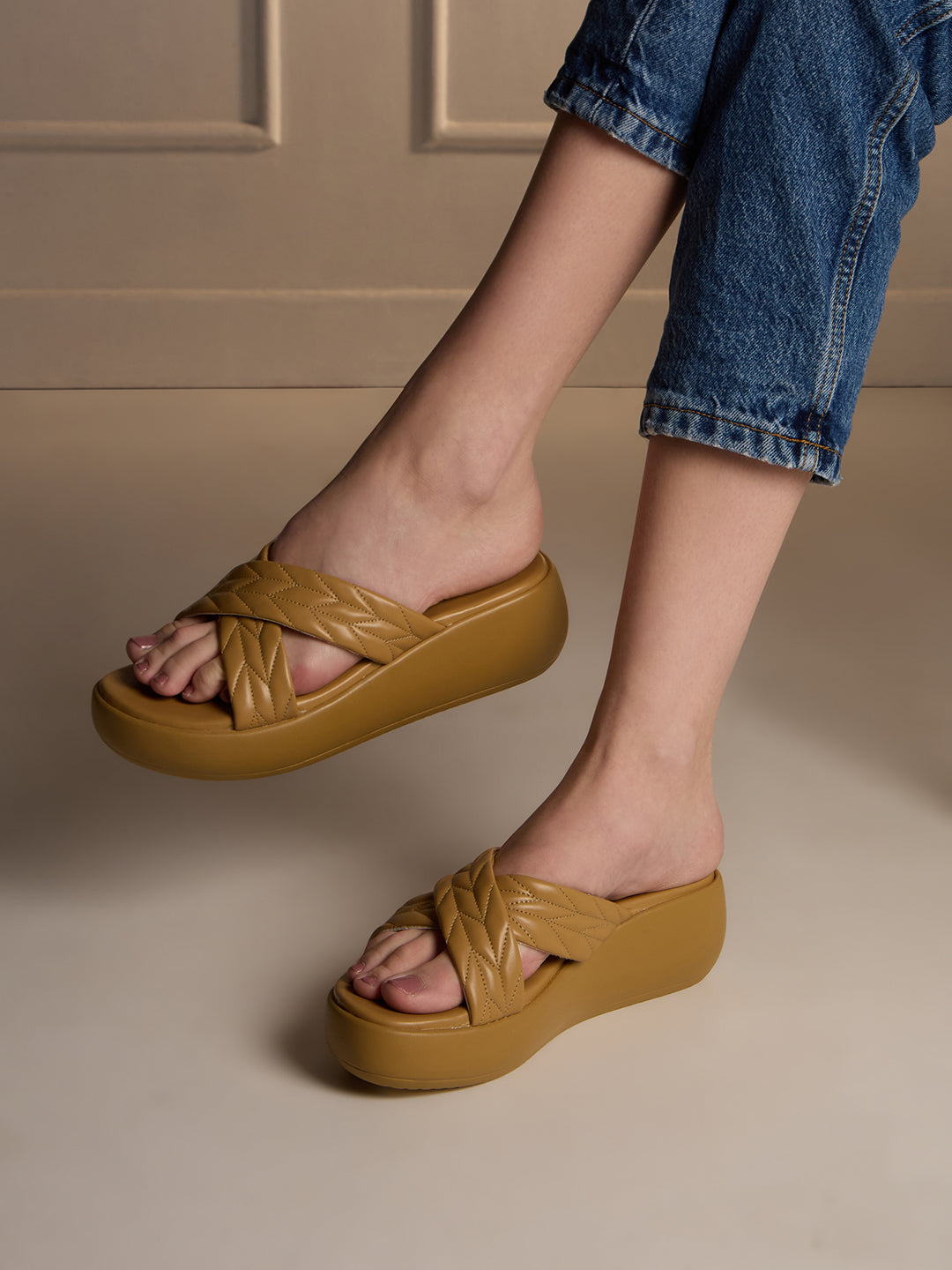 Womens Beige Casual Solid Round Toe Wedge Heel Sandals