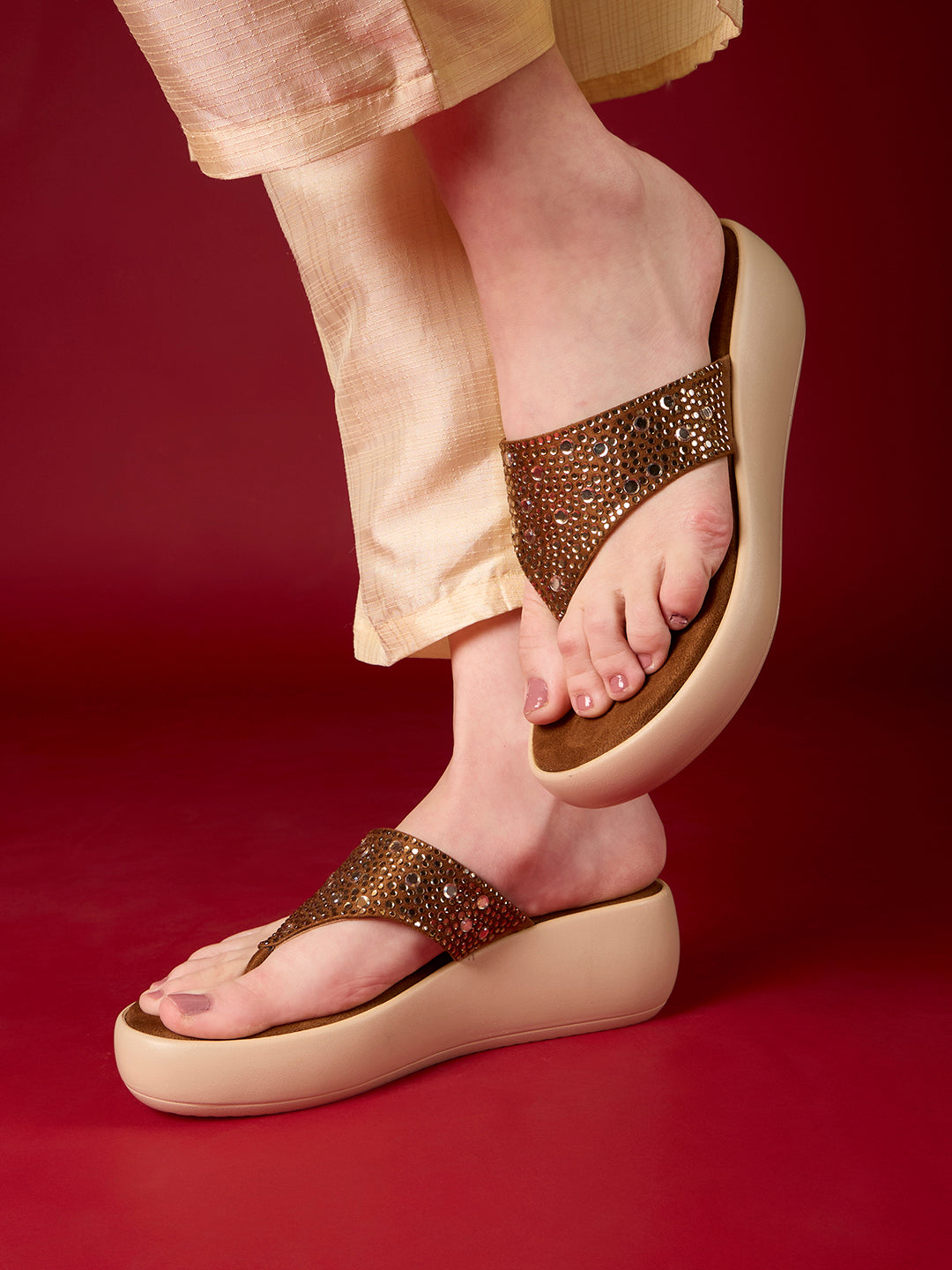 Womens Golden Ethnic Wear Embellished Pattern Round Toe Wedge Heel Sandals