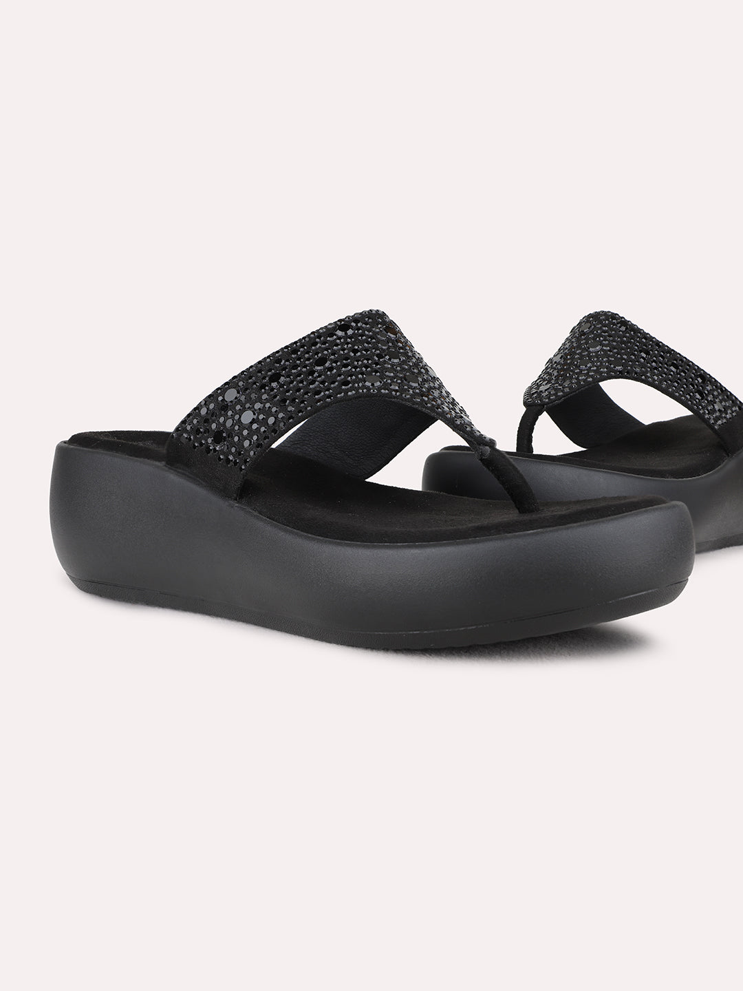 Womens Black Ethnic Wear Embellished Round Toe Wedge Heel Sandals