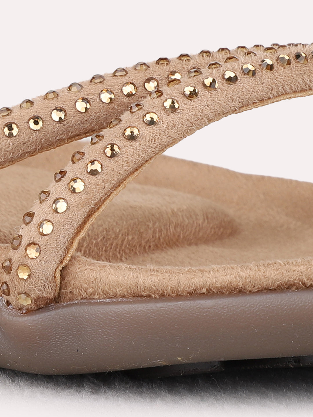 Womens Beige Casual Embellished Open Toe Flat Sandals