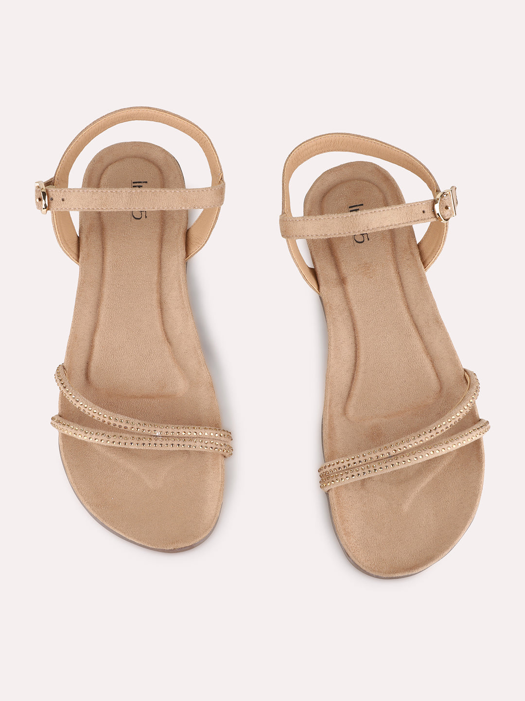 Womens Beige Casual Embellished Open Toe Flat Sandals