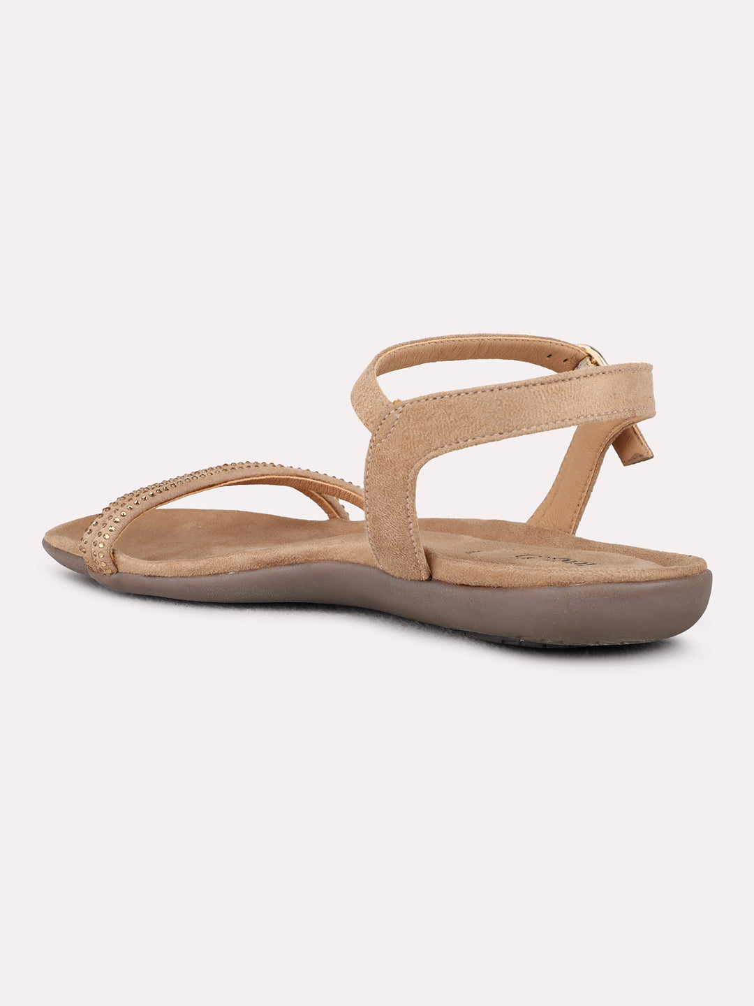 Womens Beige Casual Embellished Open Toe Flat Sandals