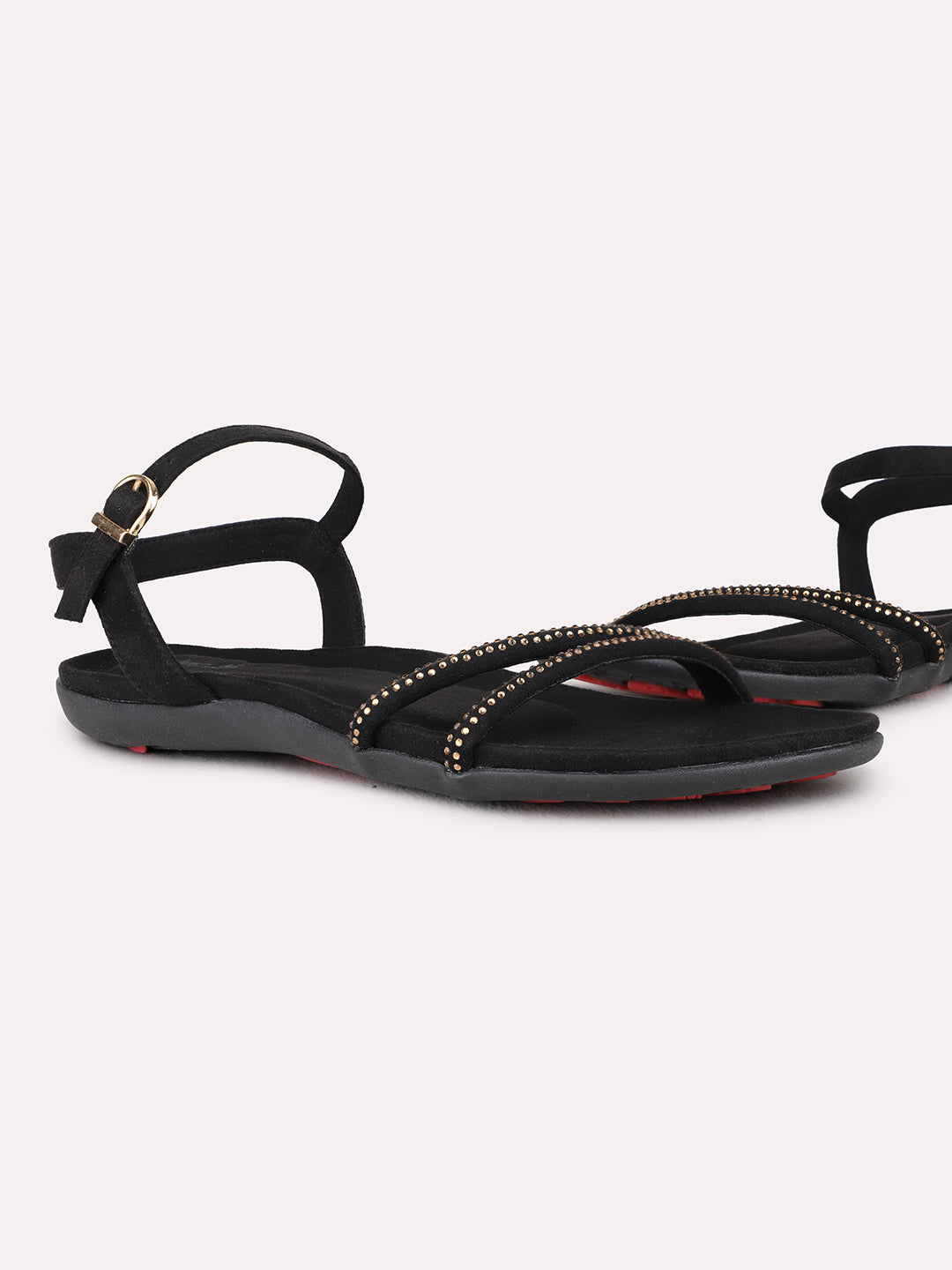 Womens Black Casual Embellished Open Toe Flat Sandals