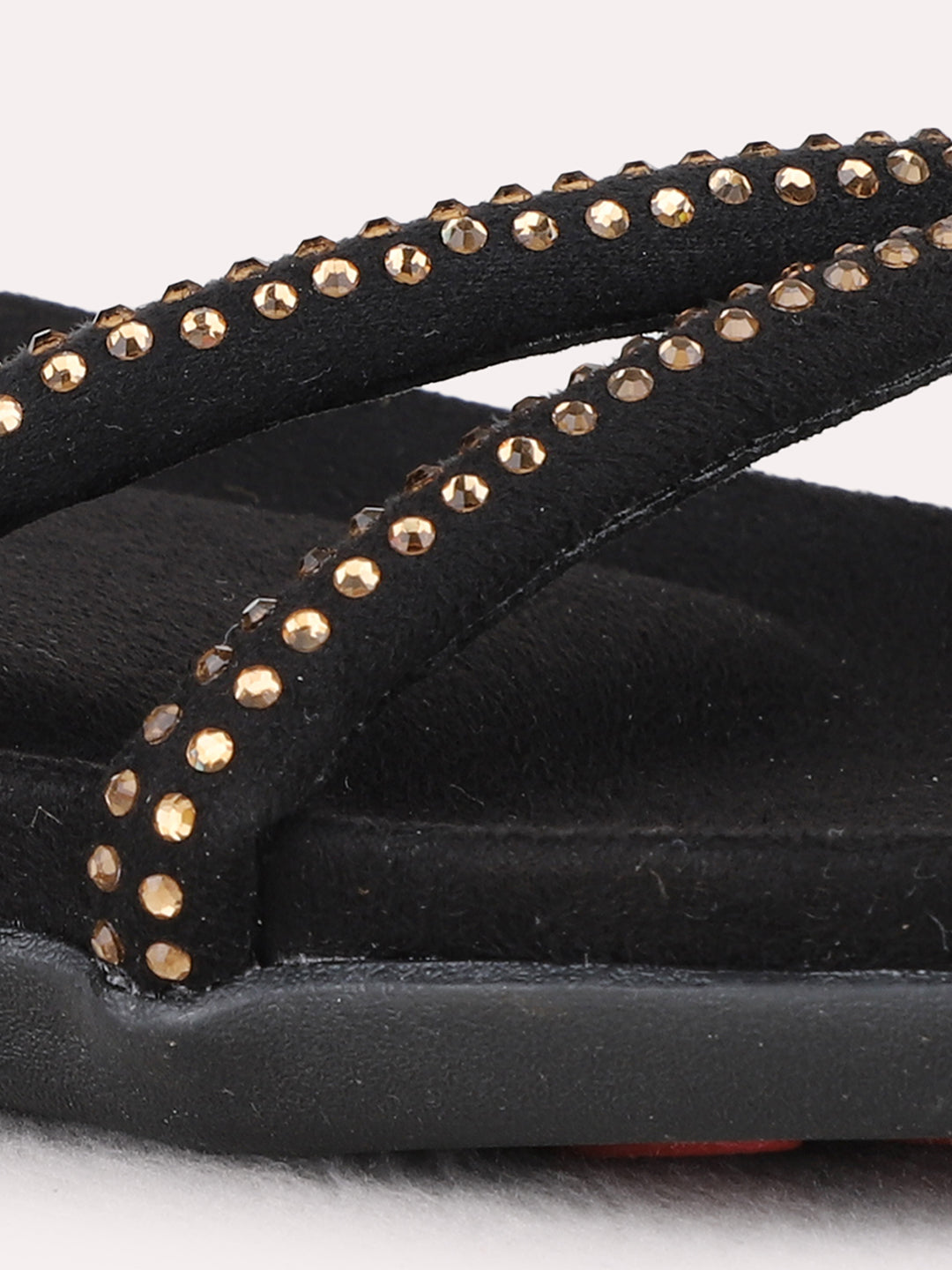 Womens Black Casual Embellished Open Toe Flat Sandals