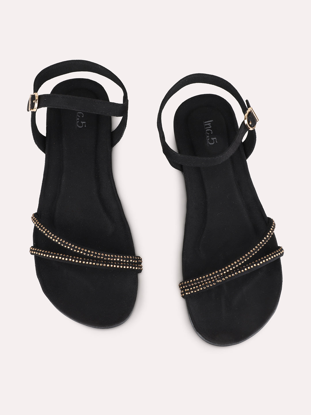 Womens Black Casual Embellished Open Toe Flat Sandals