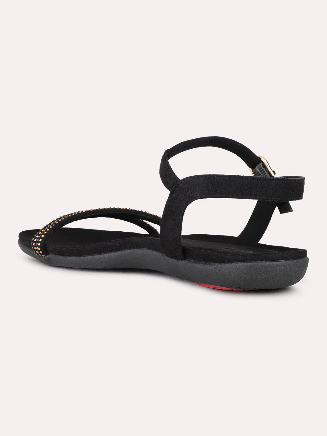 Womens Black Casual Embellished Open Toe Flat Sandals