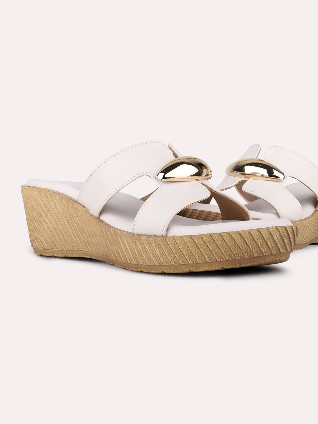 Womens Cream Party Wear Solid Round Toe Wedge Heels