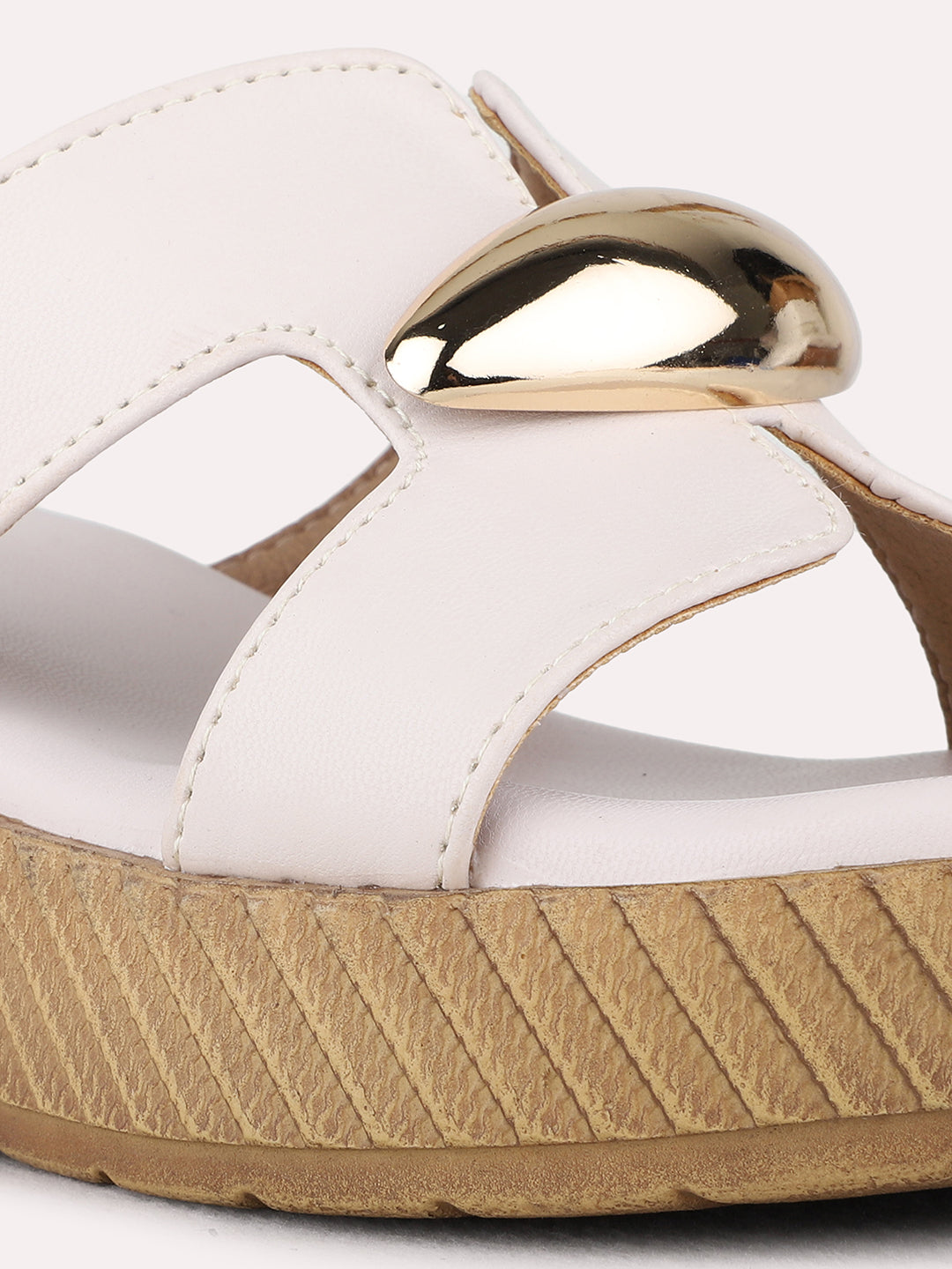 Womens Cream Party Wear Solid Round Toe Wedge Heels