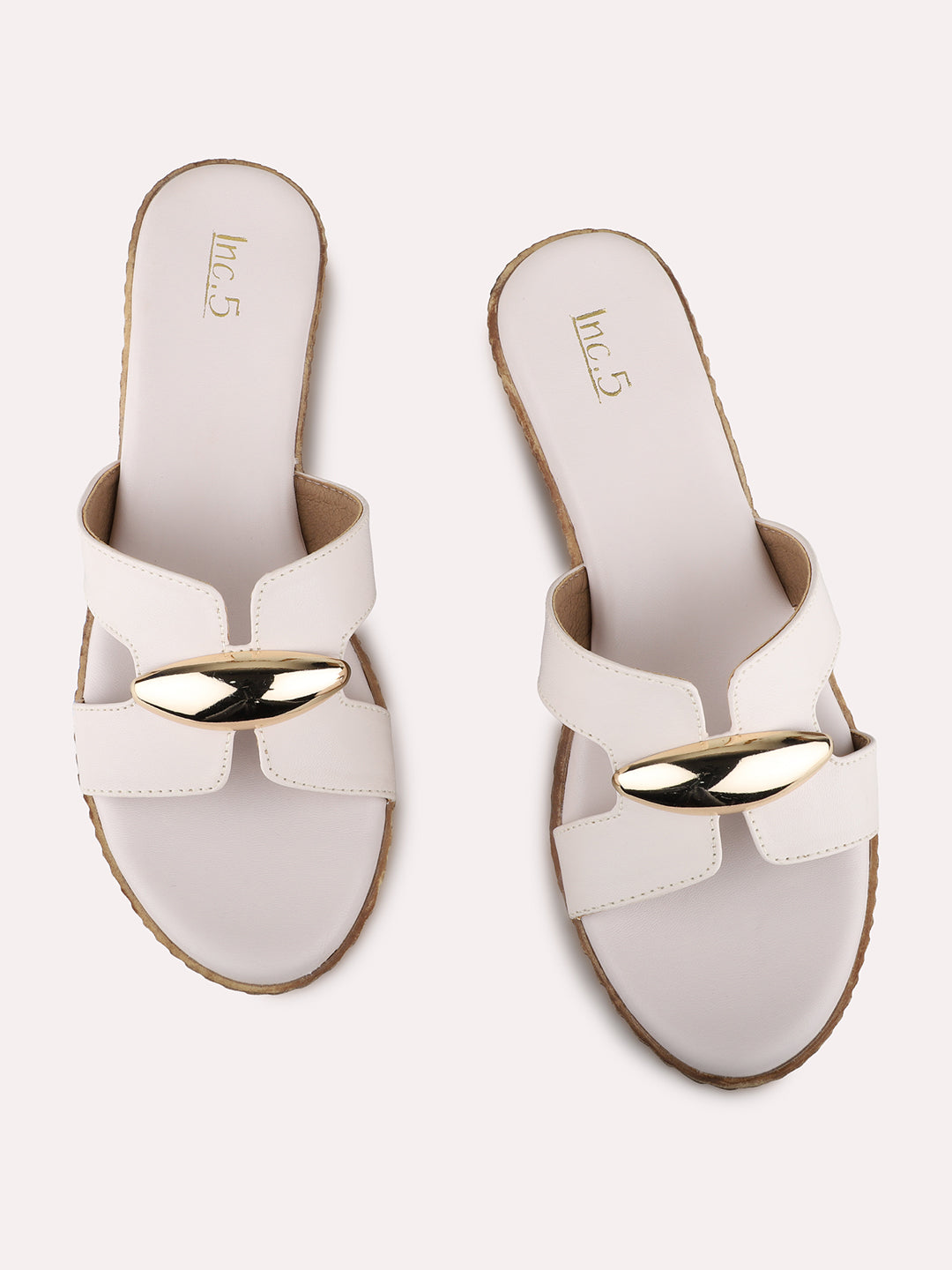 Womens Cream Party Wear Solid Round Toe Wedge Heels
