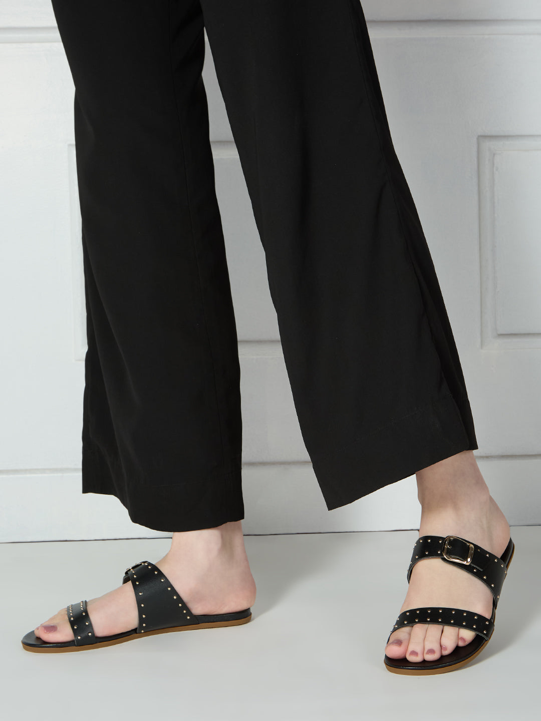 Womens Black Casual Embellished Open Toe Flat Slip-On Sandals