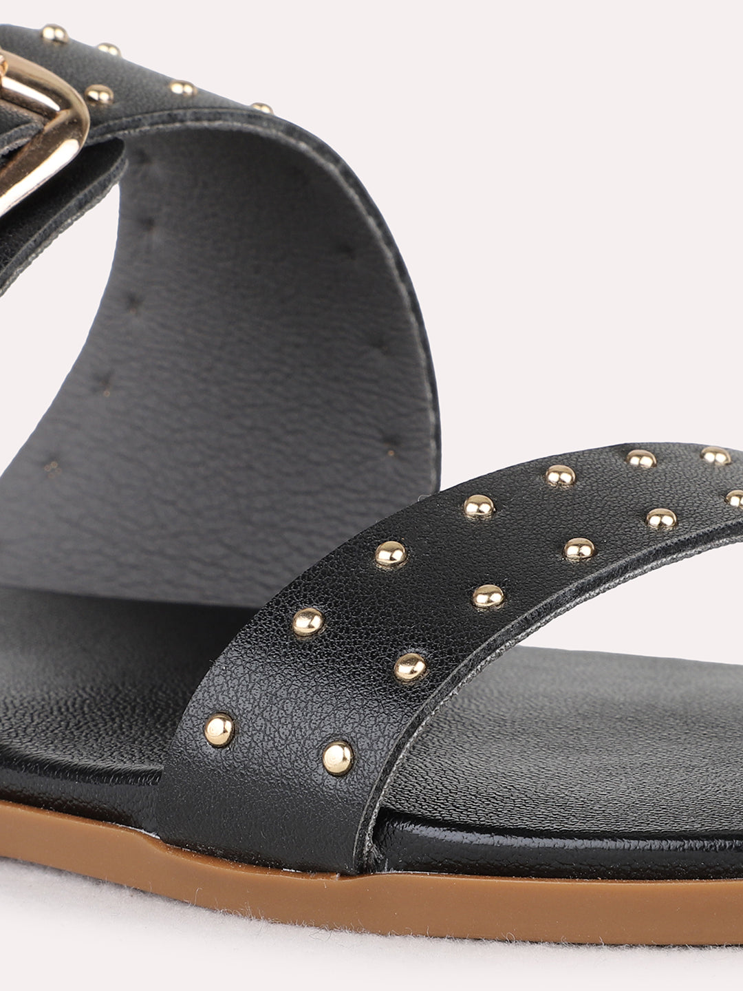 Womens Black Casual Embellished Open Toe Flat Slip-On Sandals