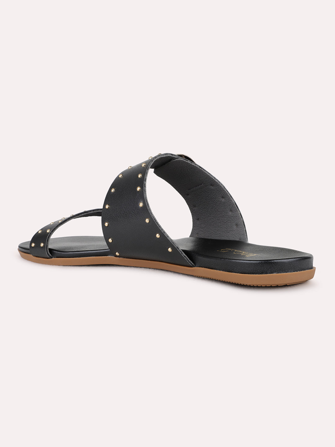 Womens Black Casual Embellished Open Toe Flat Slip-On Sandals