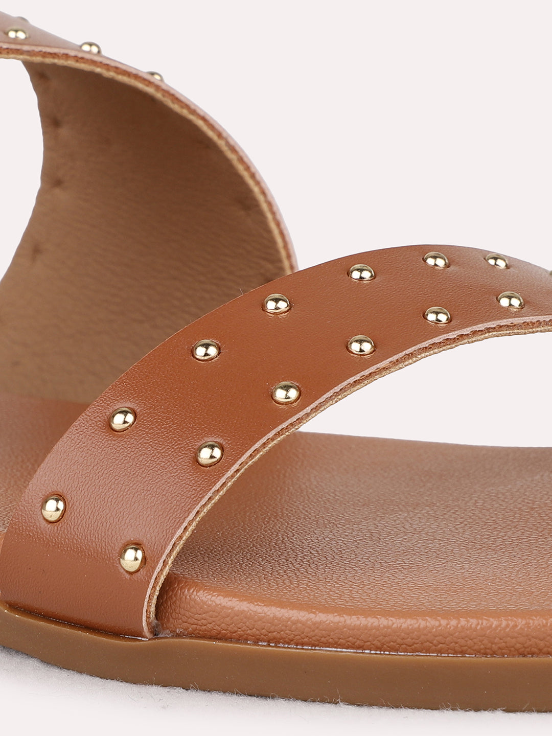 Womens Tan Casual Embellished Open Toe Flat Slip-On Sandals