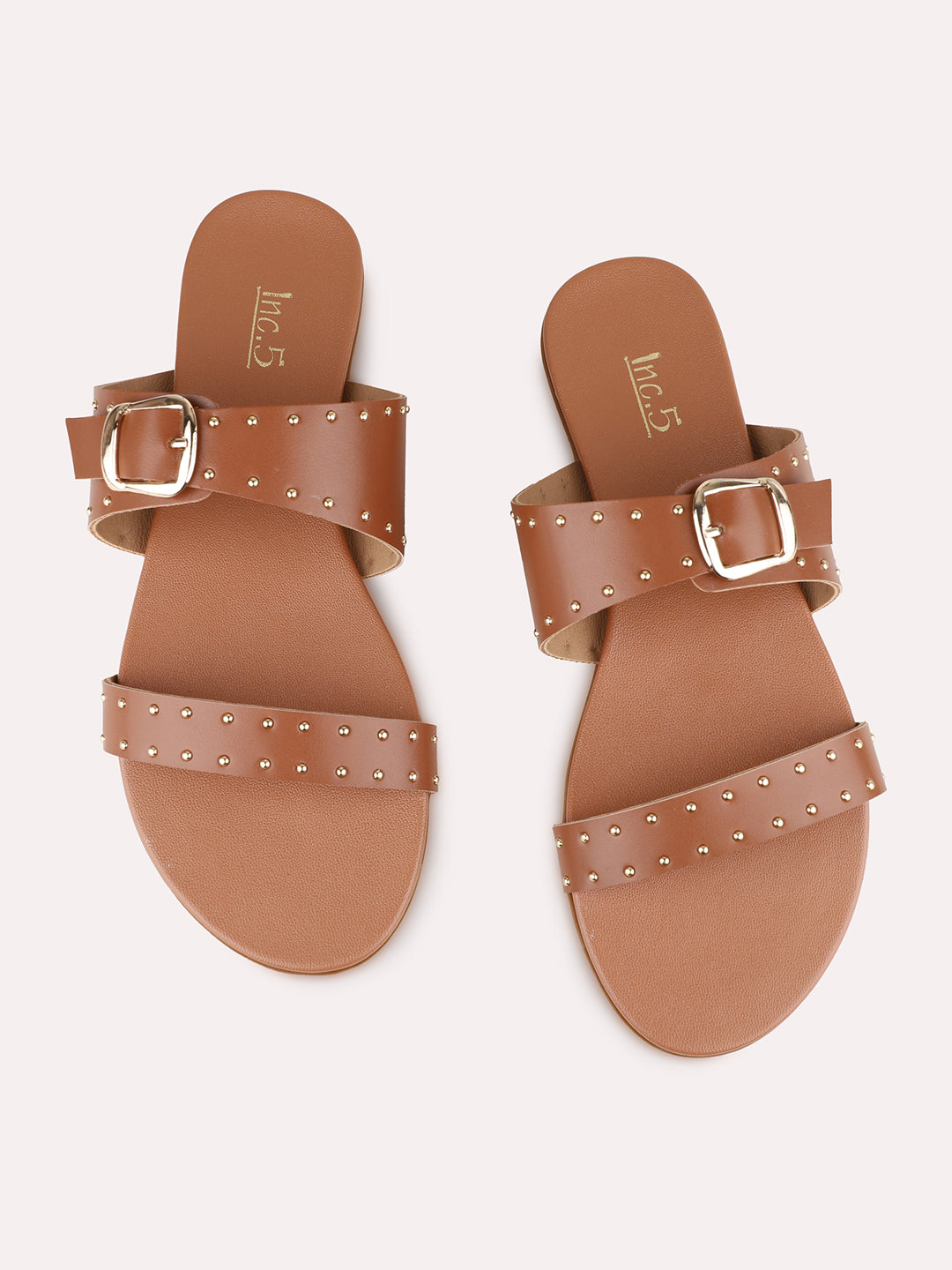 Womens Tan Casual Embellished Open Toe Flat Slip-On Sandals