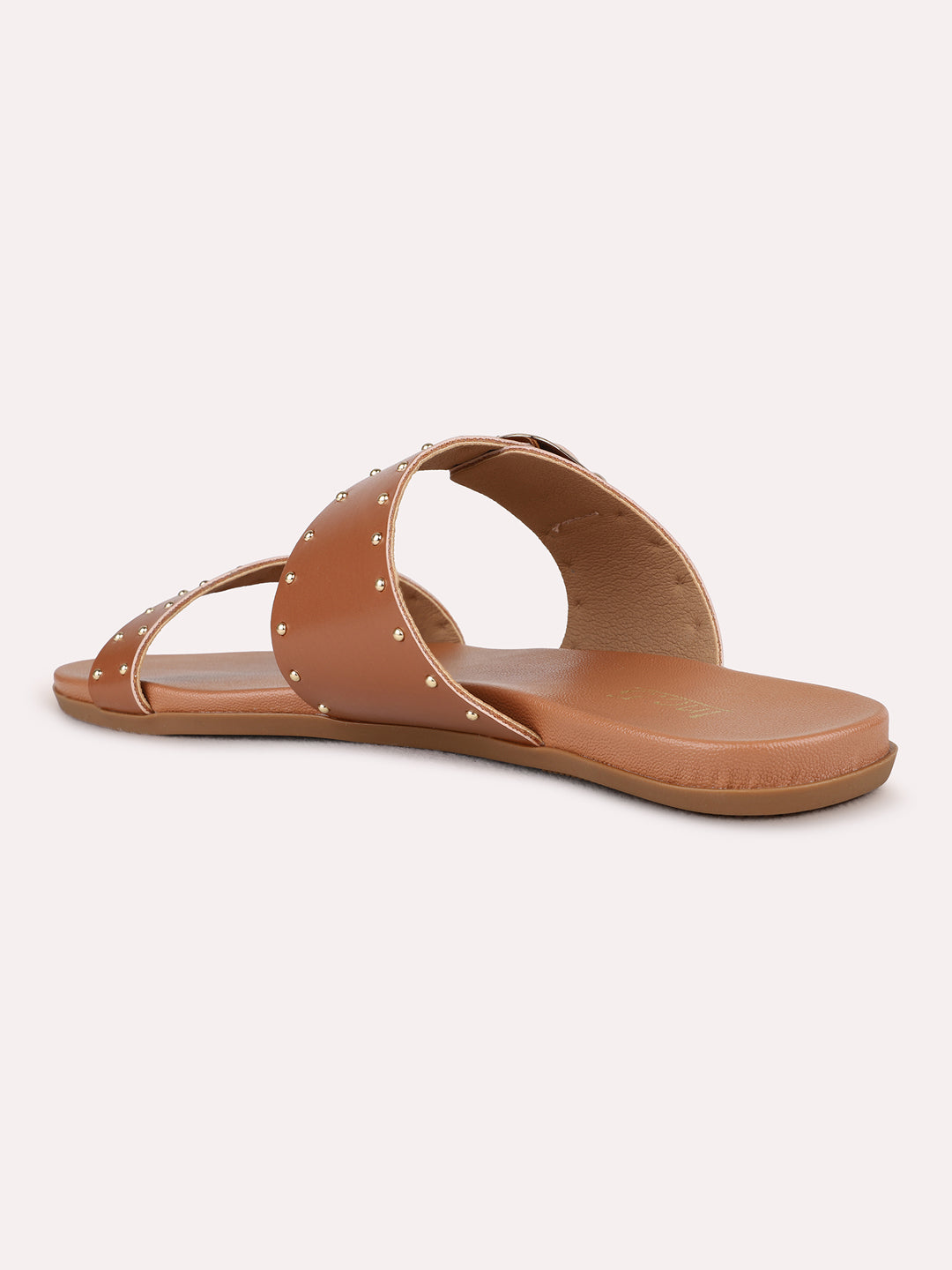 Womens Tan Casual Embellished Open Toe Flat Slip-On Sandals