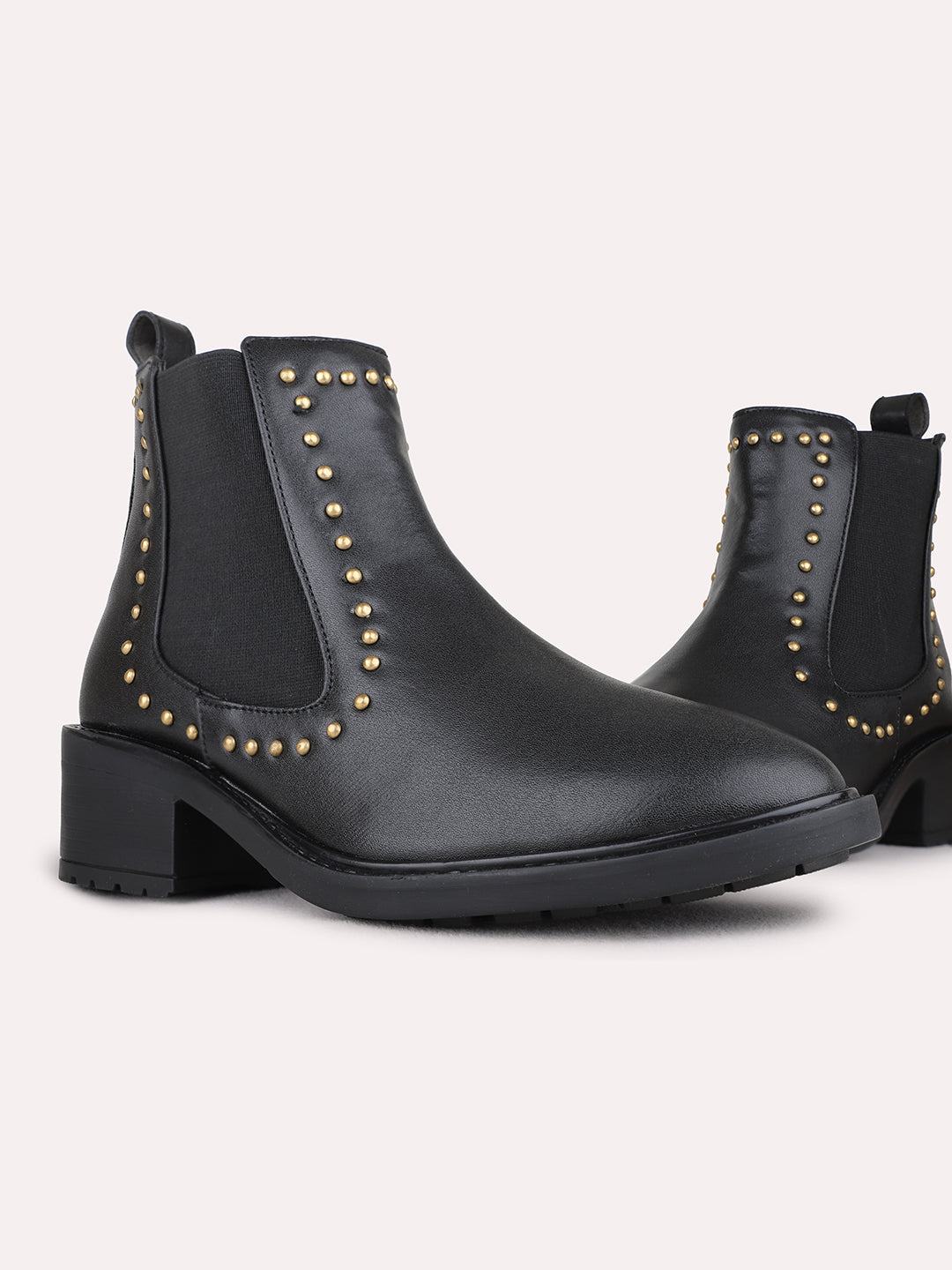 Womens Black Casual Solid Round Toe Block Heel Ankle Boots