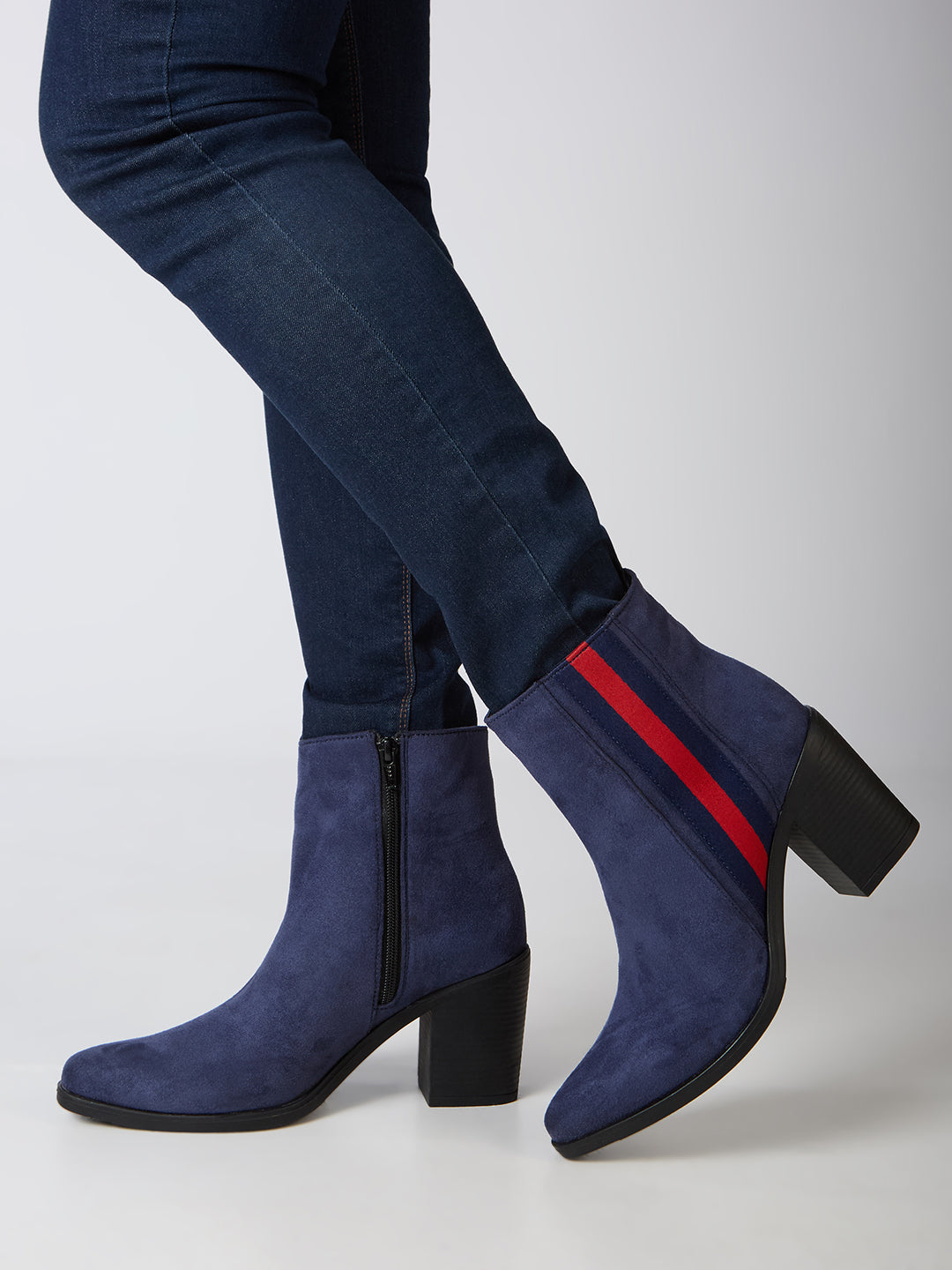 Womens Blue Casual Solid Round Toe Block Heel Boots