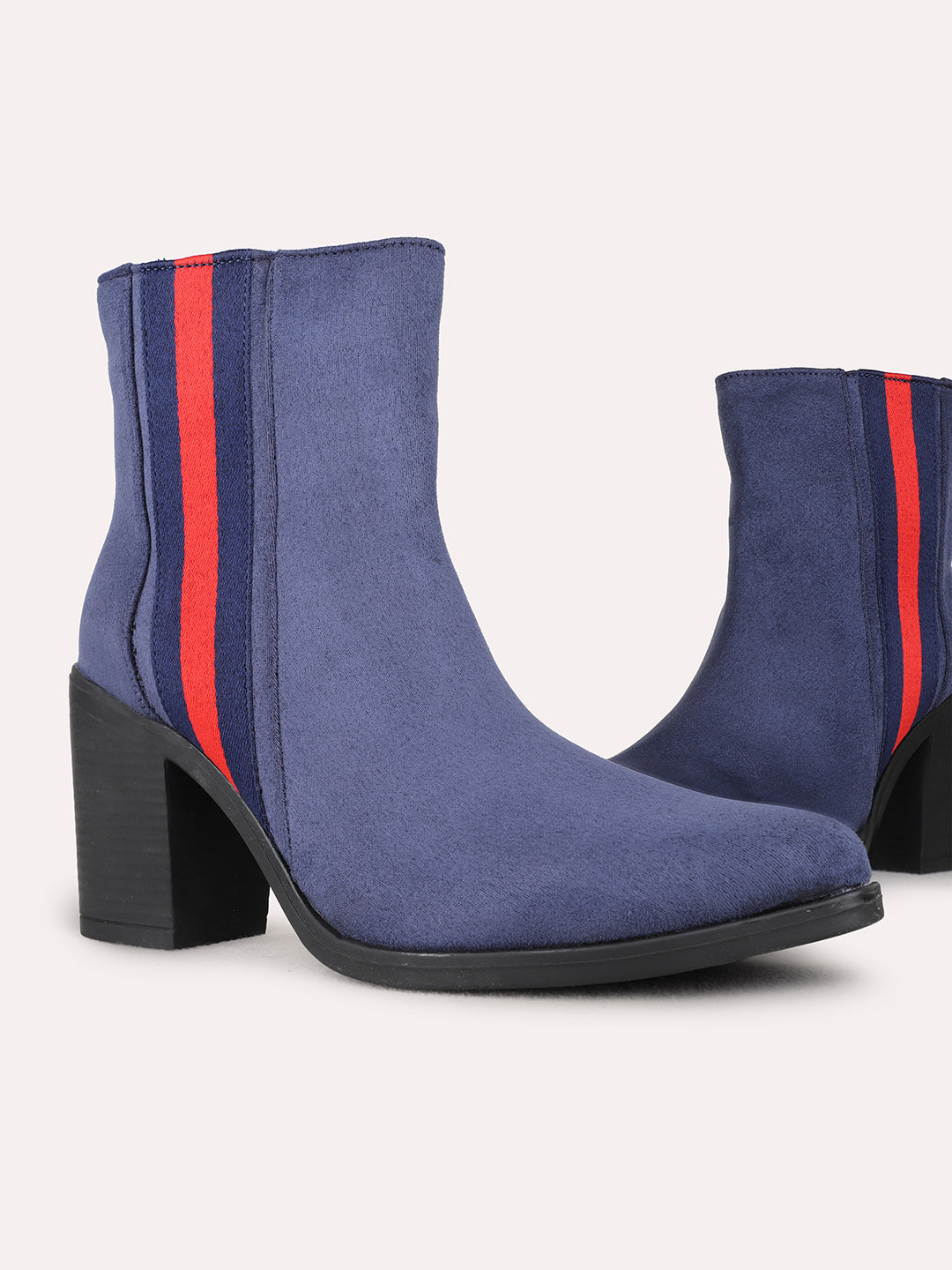 Womens Blue Casual Solid Round Toe Block Heel Boots