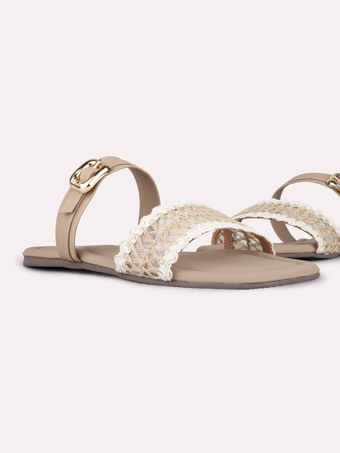 Womens Camel Brown Ethnic Embossed Open Toe Flat Slip-Ons