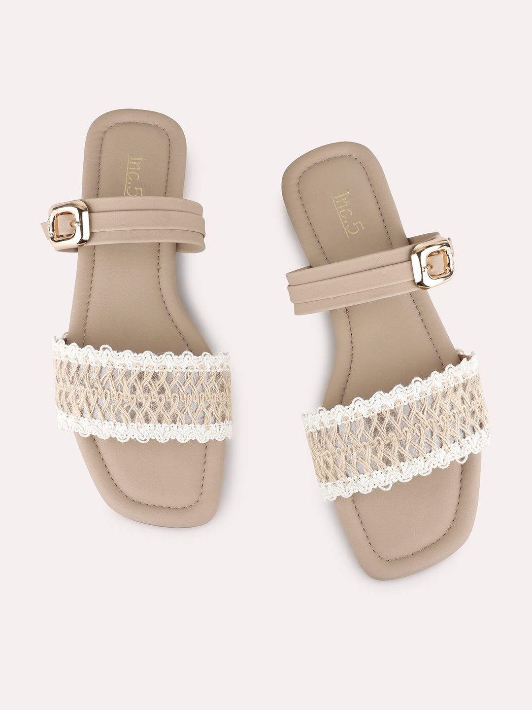 Womens Camel Brown Ethnic Embossed Open Toe Flat Slip-Ons