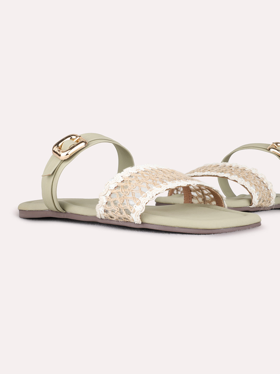 Womens Green Ethnic Embossed Open Toe Flat Slip-Ons