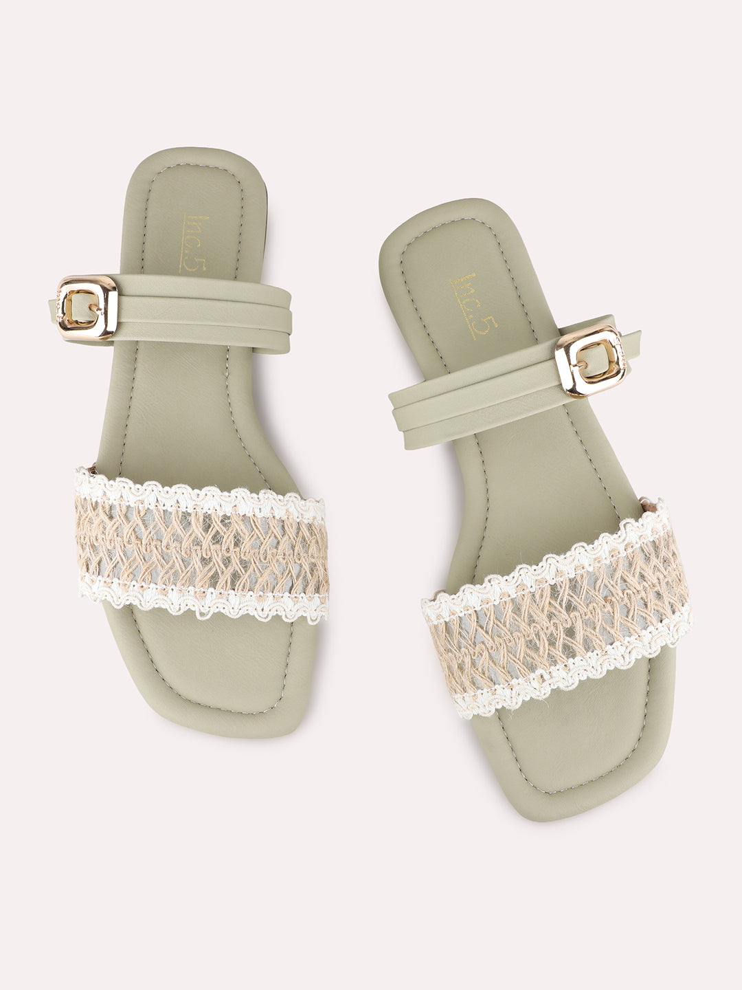 Womens Green Ethnic Embossed Open Toe Flat Slip-Ons