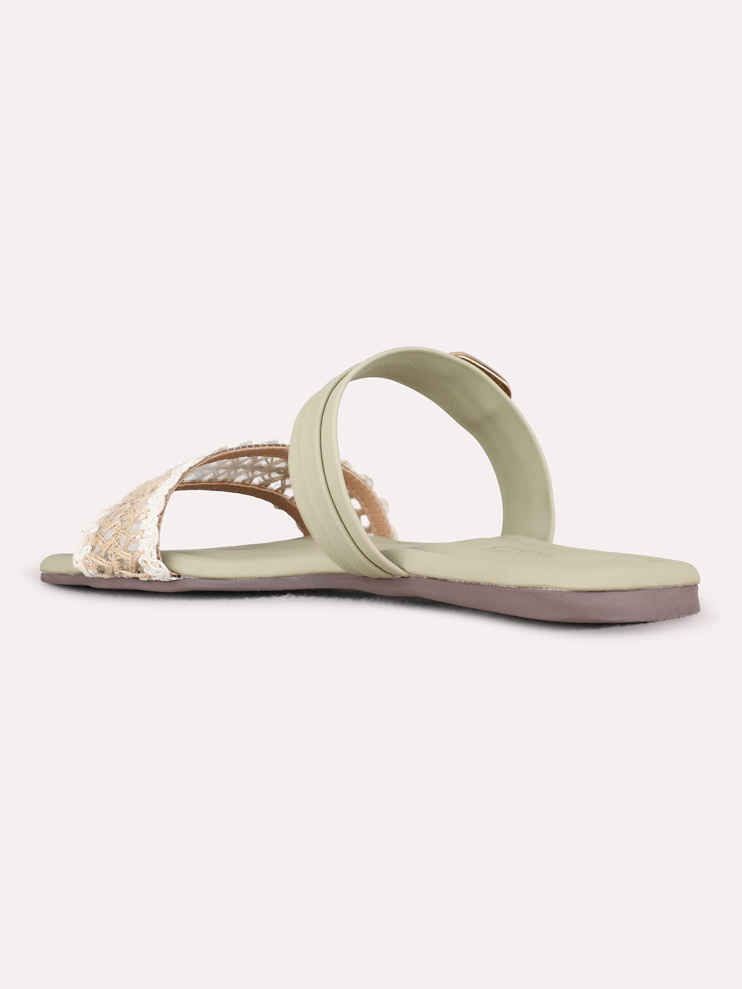 Womens Green Ethnic Embossed Open Toe Flat Slip-Ons